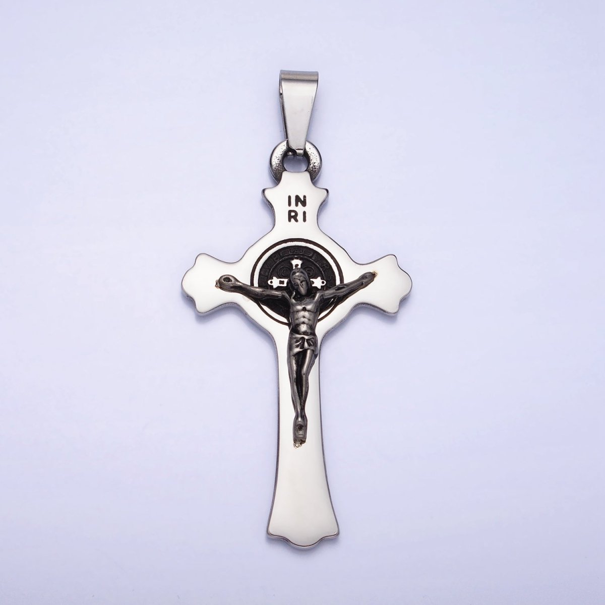 Stainless Steel Crucifix Cross SMQLIVB PAX VRSNSMV Saint Benedict Engraved Double Sided Pendant in Gold & Silver | P-1163 - DLUXCA