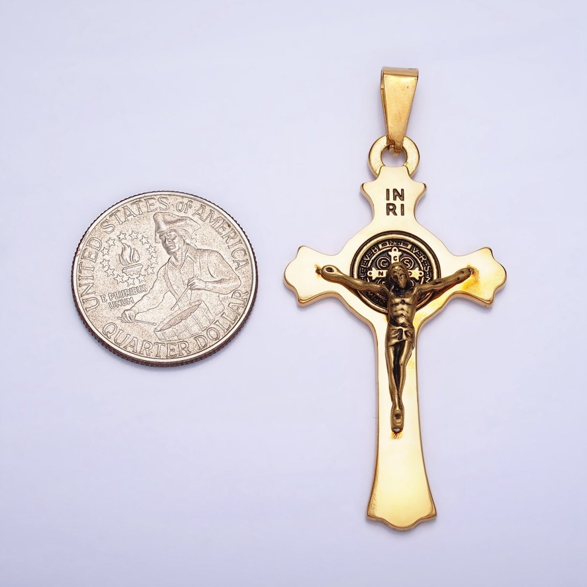 Stainless Steel Crucifix Cross SMQLIVB PAX VRSNSMV Saint Benedict Engraved Double Sided Pendant in Gold & Silver | P-1163 - DLUXCA