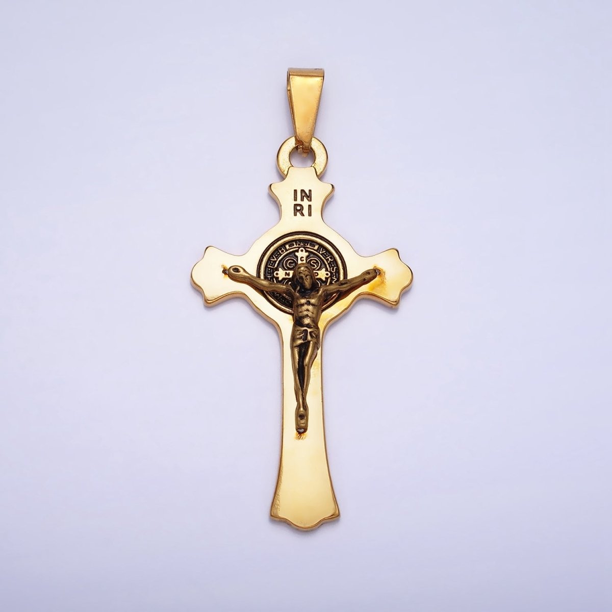 Stainless Steel Crucifix Cross SMQLIVB PAX VRSNSMV Saint Benedict Engraved Double Sided Pendant in Gold & Silver | P-1163 - DLUXCA