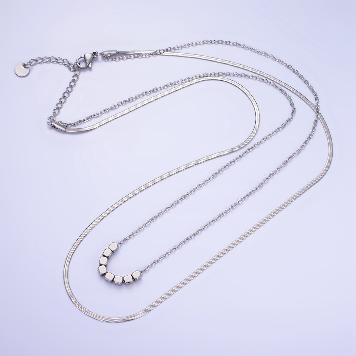 Stainless Steel Cube Cable Herringbone Chain Double Layer Necklace w. Extender in Gold & Silver | WA-2490 WA-2491 - DLUXCA