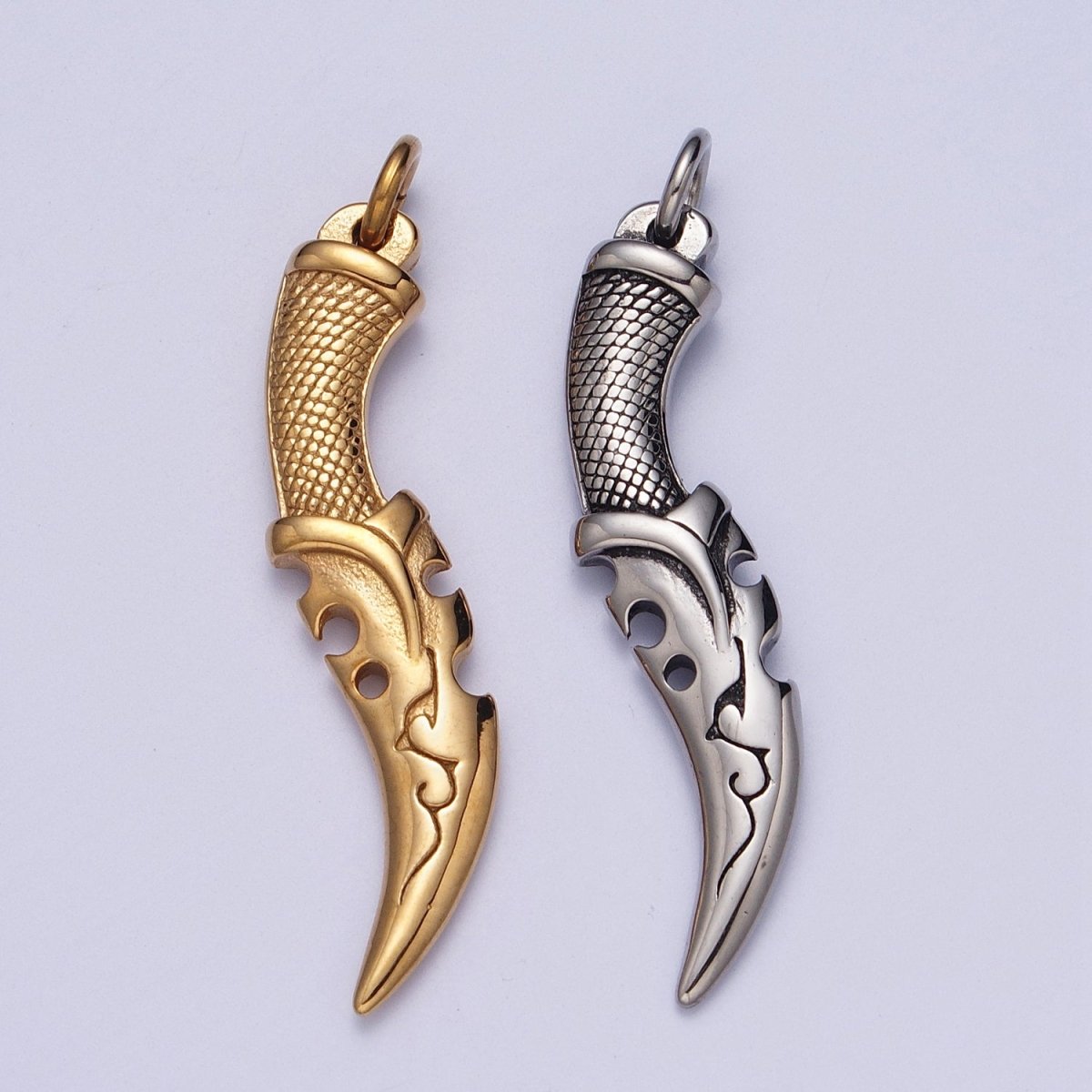 Stainless Steel Curved Engraved Dagger Knife Charm in Gold & Silver J-460 J-461 - DLUXCA