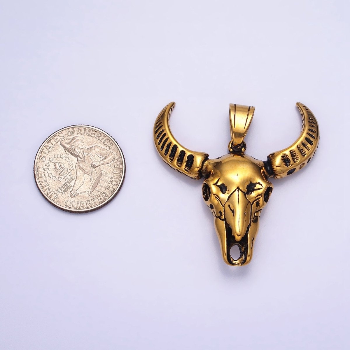 Stainless Steel Curved Long Horned Bull Head Animal Men's Gold, Silver Pendant | P-1142 - DLUXCA