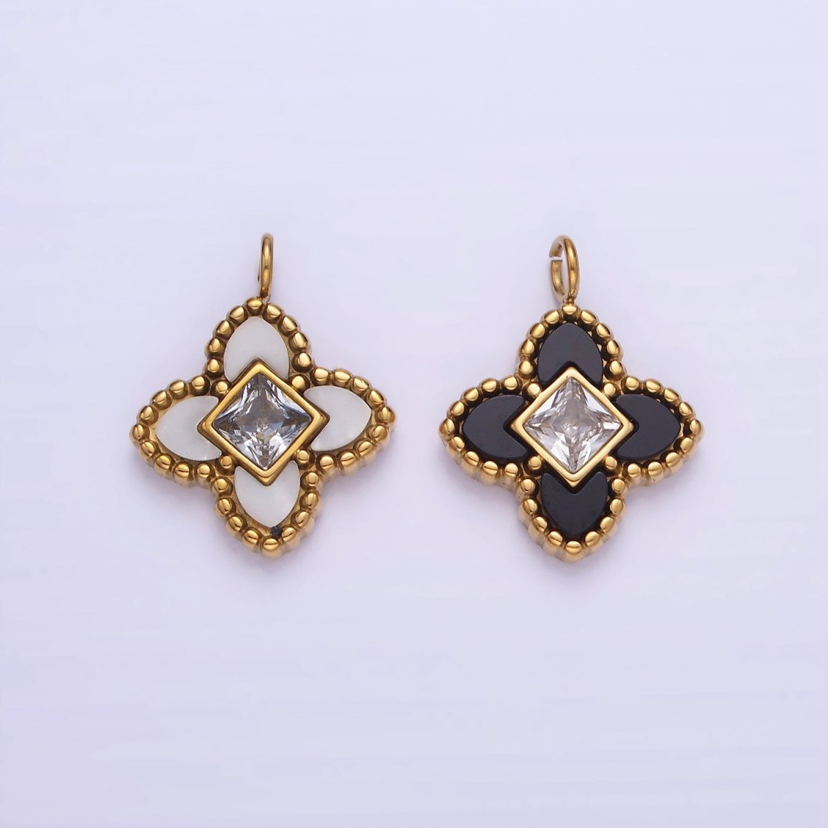 Stainless Steel CZ Four-Leaf Petal Flower Micro Paved Mini Add-On Charm Black White Enamel Charm P1381 - DLUXCA