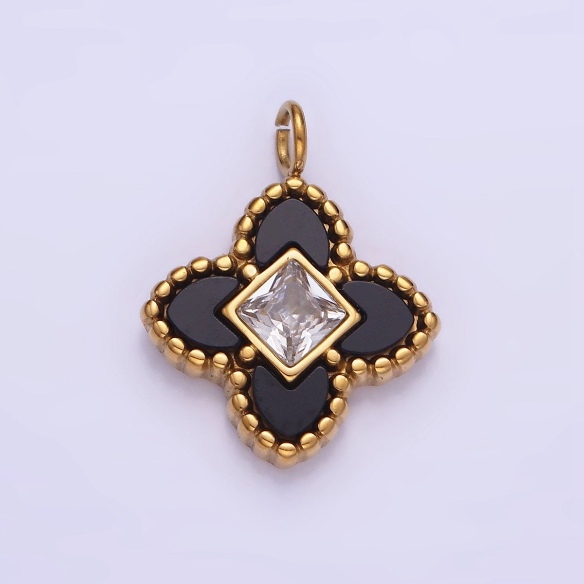 Stainless Steel CZ Four-Leaf Petal Flower Micro Paved Mini Add-On Charm Black White Enamel Charm P1381 - DLUXCA