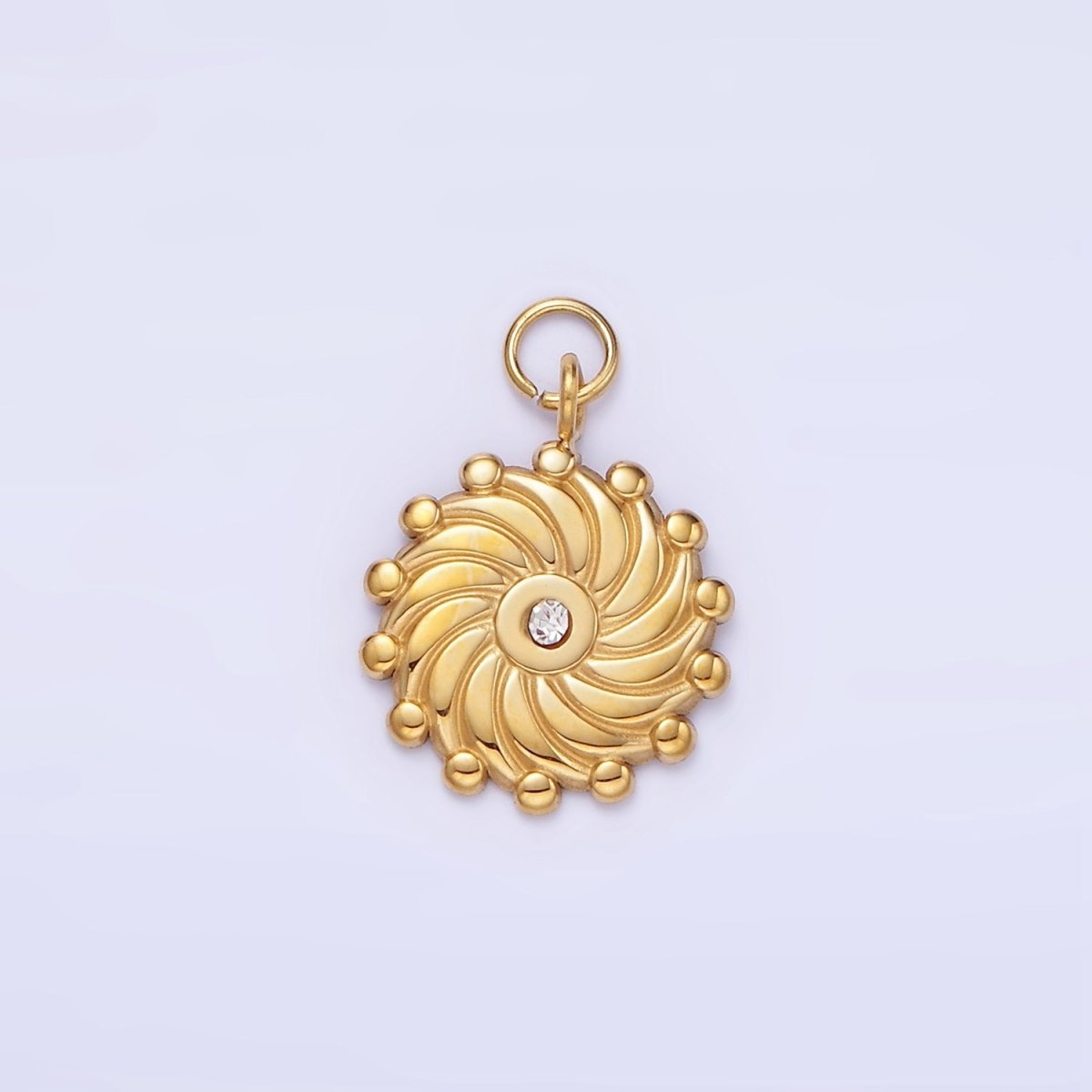 Stainless Steel CZ Lined Spiral Dotted Round Charm | P963 - DLUXCA
