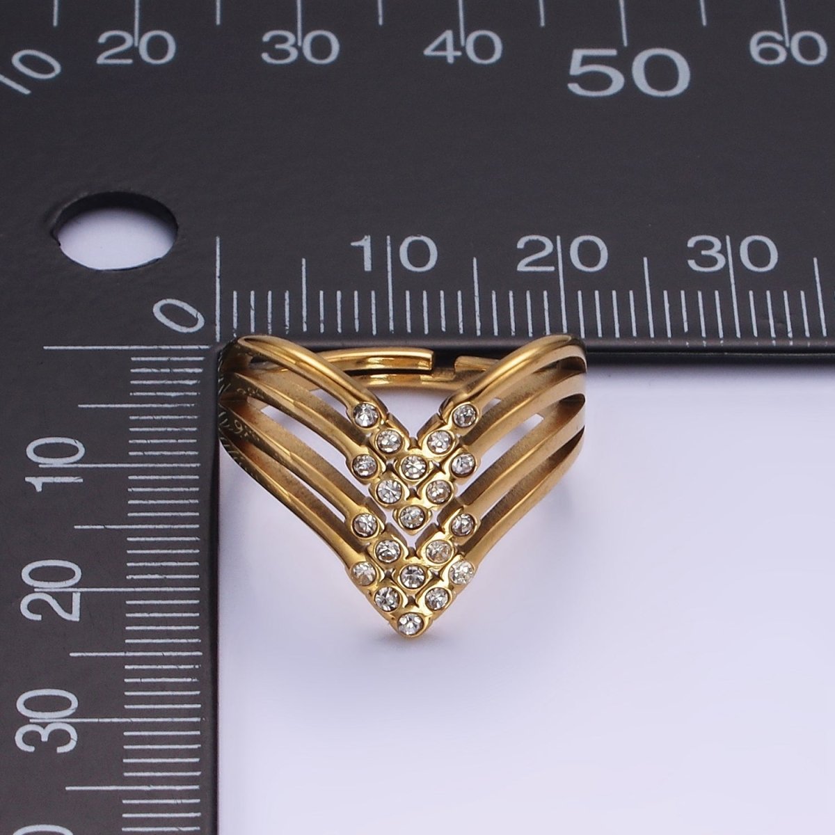 Stainless Steel CZ Micro Paved Dotted Multiple Band Chevron Ring | O1282 - DLUXCA