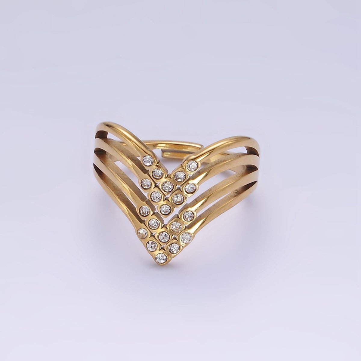 Stainless Steel CZ Micro Paved Dotted Multiple Band Chevron Ring | O1282 - DLUXCA