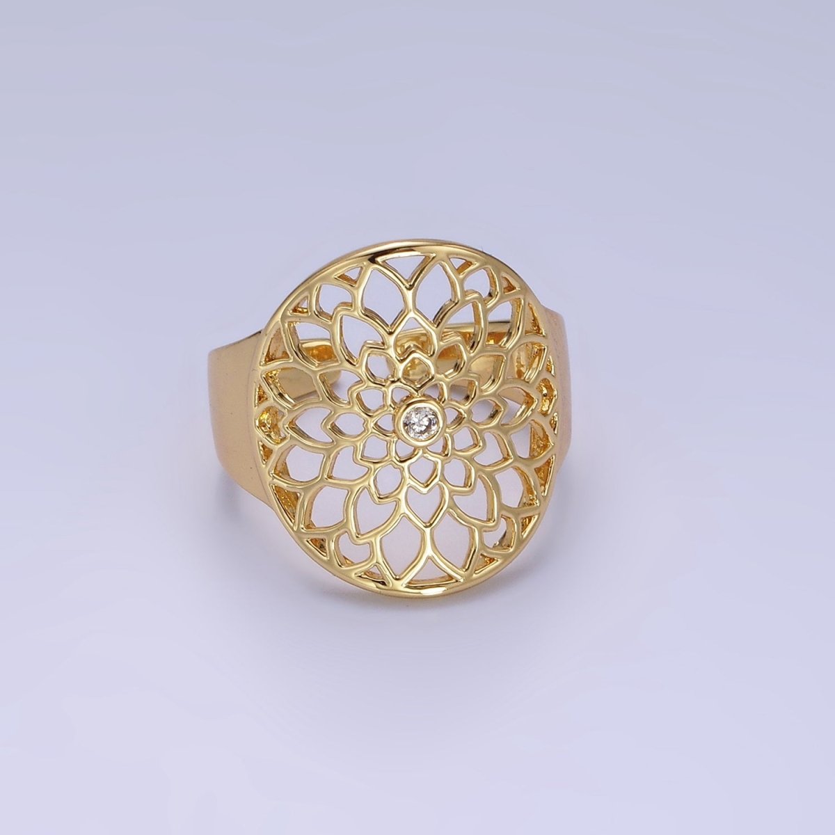 Stainless Steel CZ Open Lotus Flower Filigree Ring | O1305 - DLUXCA