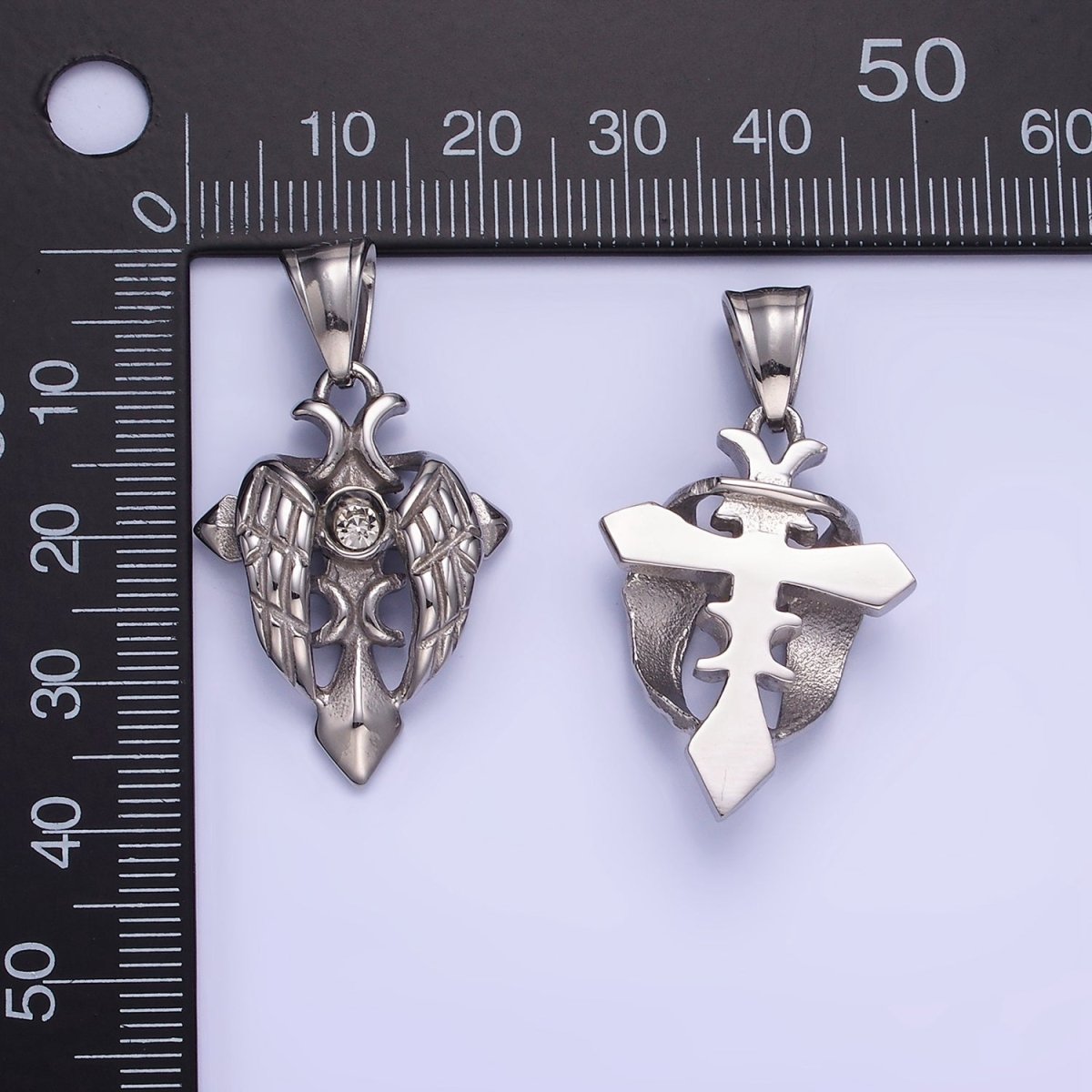 Stainless Steel CZ Passion Cross Bat Wings Pendant | P1389 - DLUXCA