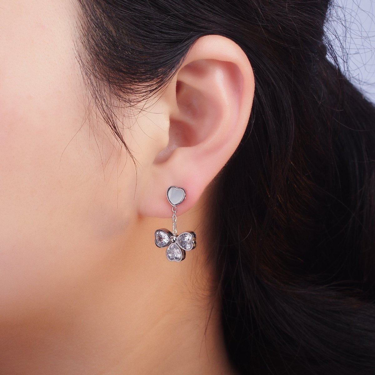 Stainless Steel CZ Petal Flower Shell Pearl Heart Drop Stud Earrings in Gold & Silver | AE475 AE476 - DLUXCA
