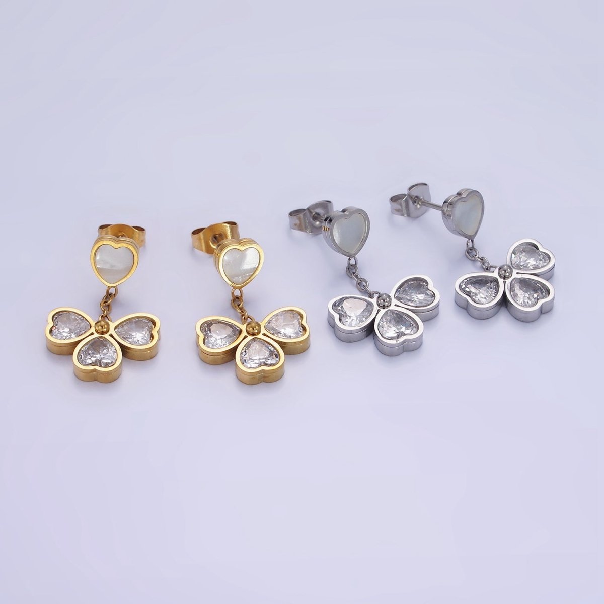 Stainless Steel CZ Petal Flower Shell Pearl Heart Drop Stud Earrings in Gold & Silver | AE475 AE476 - DLUXCA