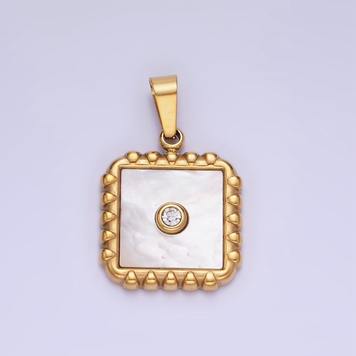 Stainless Steel CZ Shell Pearl Square Edged Bezel Pendant | P1392 - DLUXCA