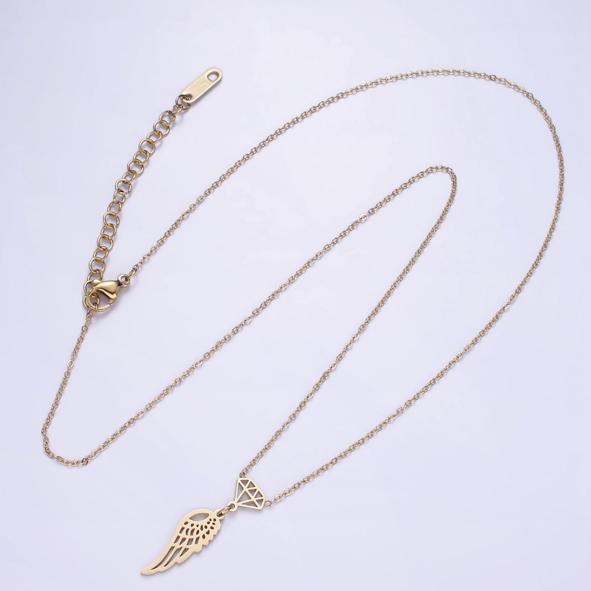 Stainless Steel Diamond Angel Wings Open Charm 17 Inch Cable Chain Necklace | WA-2087 Clearance Pricing - DLUXCA