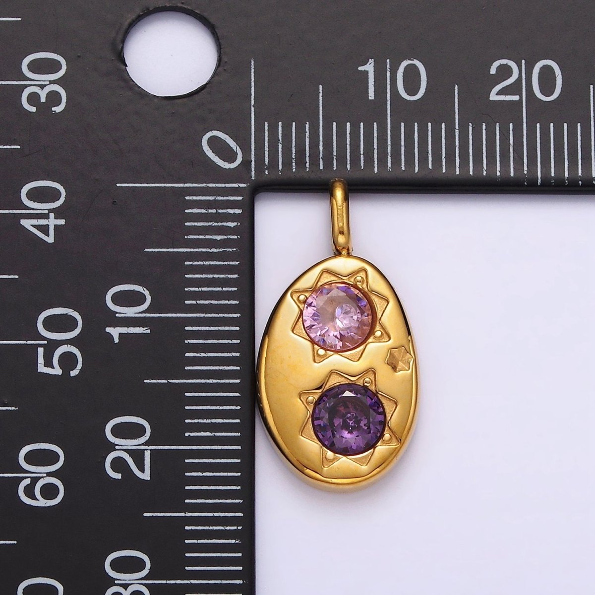 Stainless Steel Double Celestial Sun Purple Pink CZ Oval Pendant in Gold & Silver | P-671 P-672 - DLUXCA