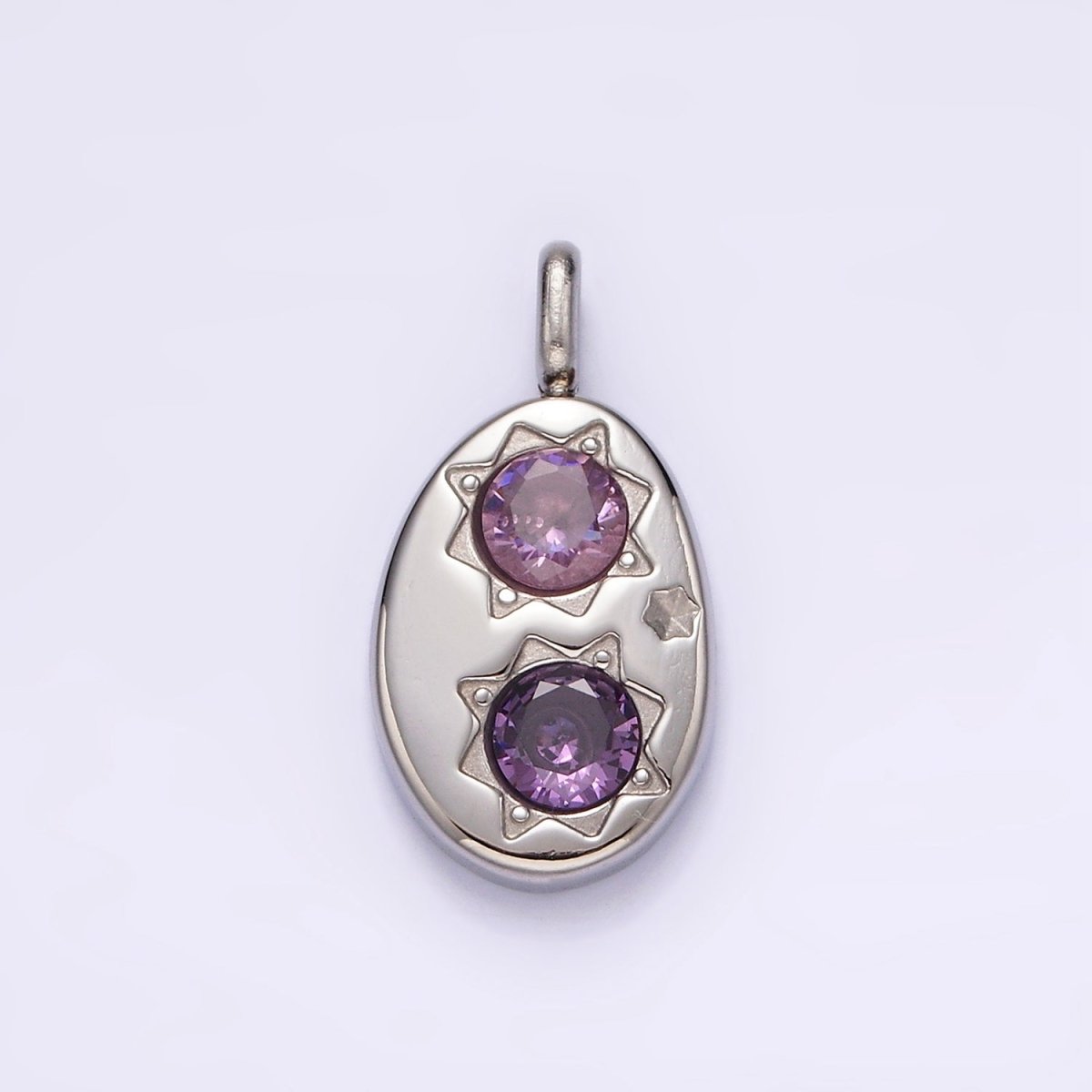 Stainless Steel Double Celestial Sun Purple Pink CZ Oval Pendant in Gold & Silver | P-671 P-672 - DLUXCA