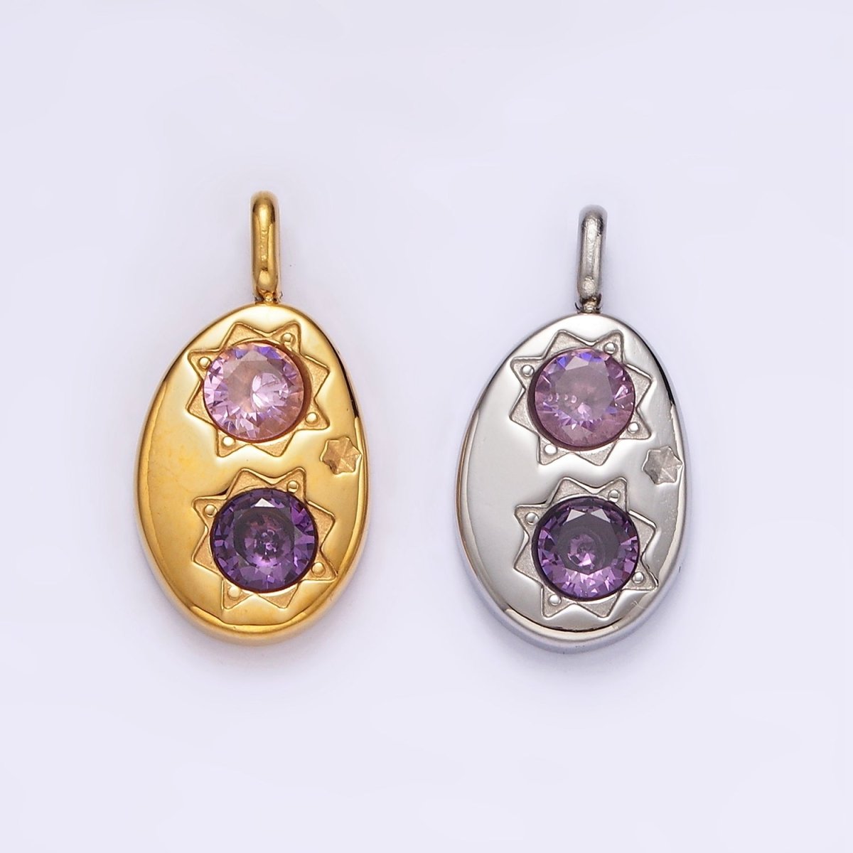 Stainless Steel Double Celestial Sun Purple Pink CZ Oval Pendant in Gold & Silver | P-671 P-672 - DLUXCA