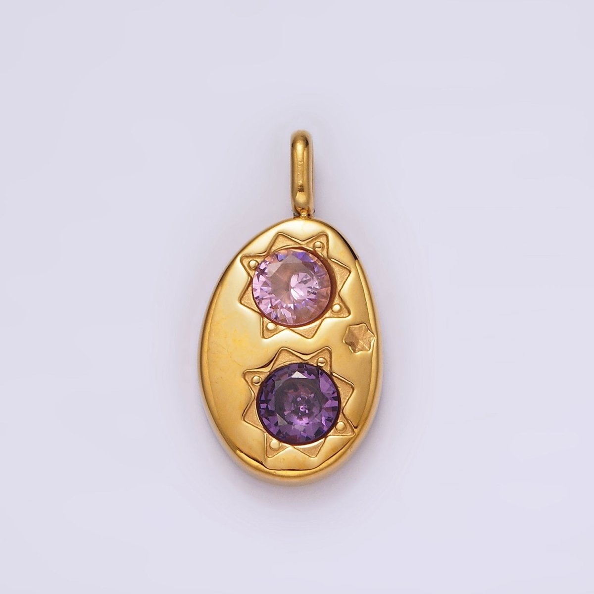 Stainless Steel Double Celestial Sun Purple Pink CZ Oval Pendant in Gold & Silver | P-671 P-672 - DLUXCA
