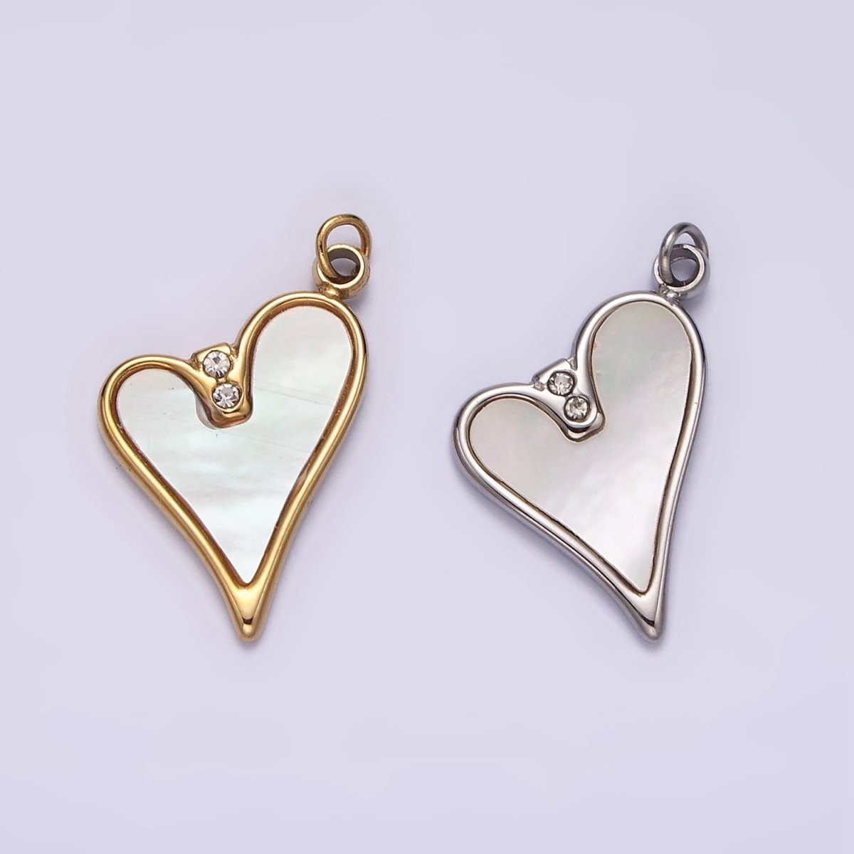 Stainless Steel Double Clear CZ Shell Pearl Heart Charm in Gold & Silver | P1296 P1297 - DLUXCA