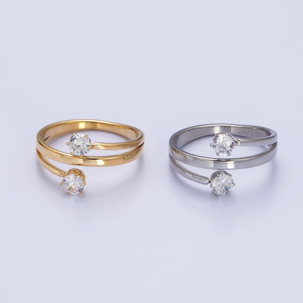 Stainless Steel Double Clear Round CZ Claw Band Ring in Gold & Silver | O-1641~O-1648 - DLUXCA