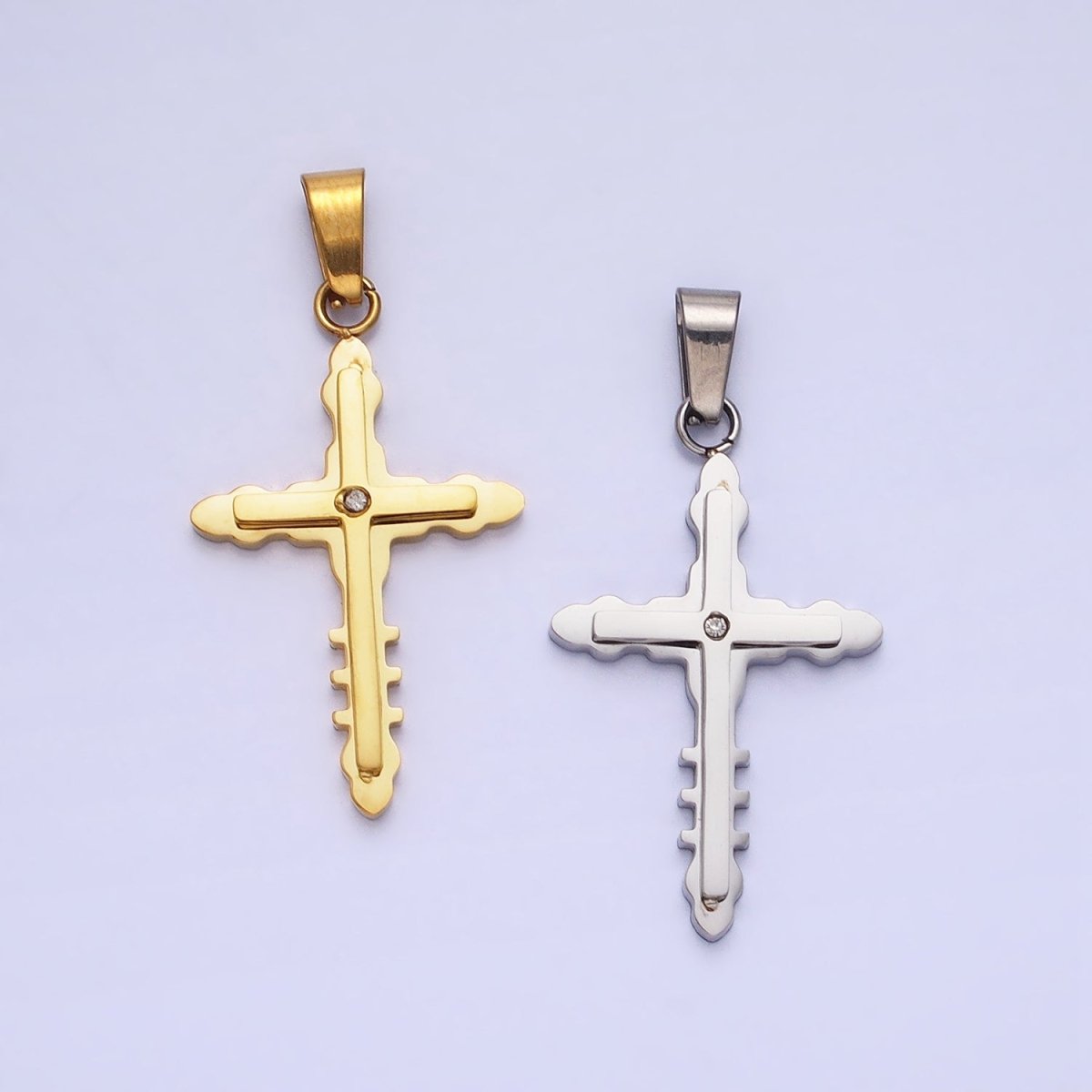 Stainless Steel Double Layer Bubble Religious Latin Cross CZ Pendant in Gold & Silver | P-1081 - DLUXCA