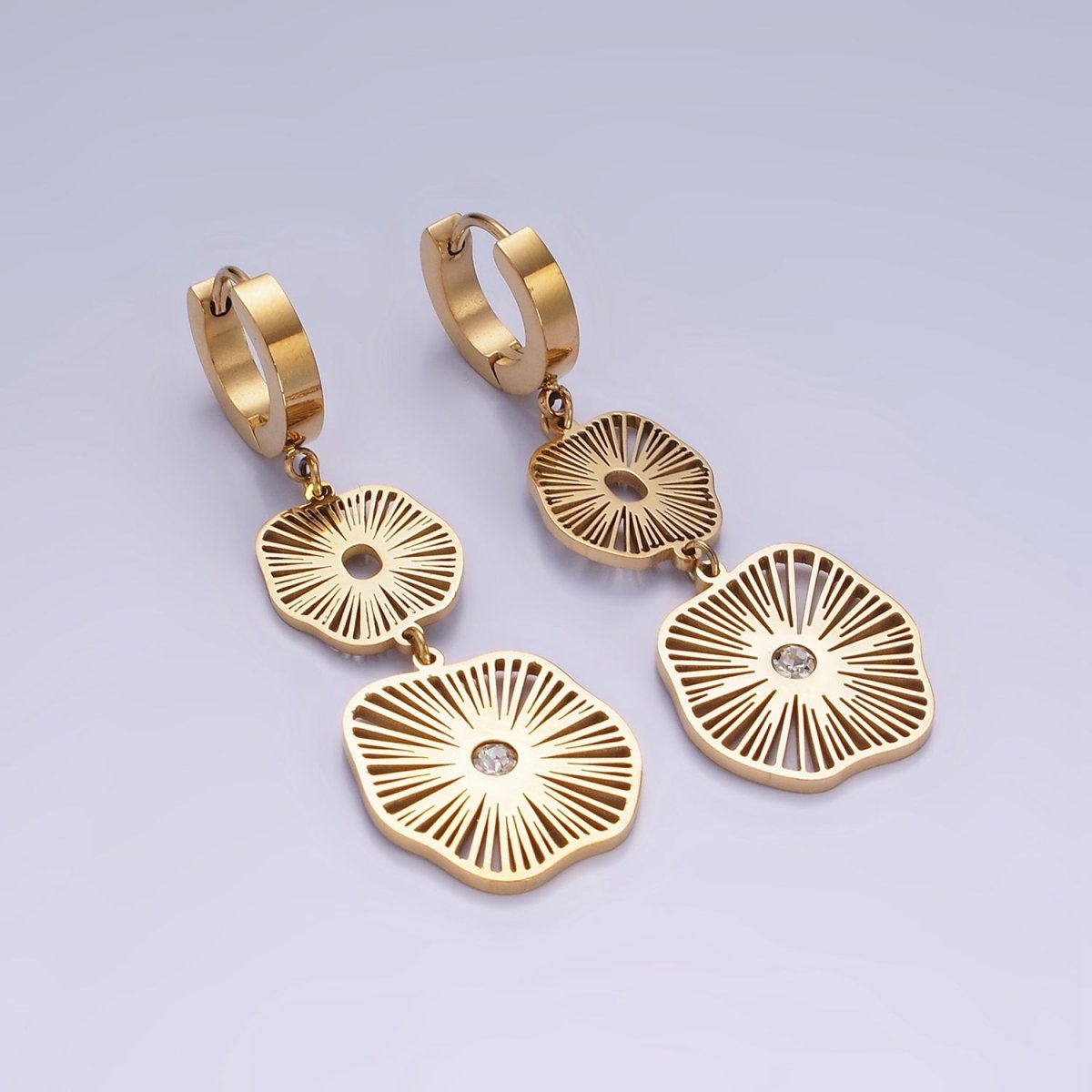 Stainless Steel Double Open CZ Sunburst Lined Geometric Drop Huggie Earrings | AE451 - DLUXCA