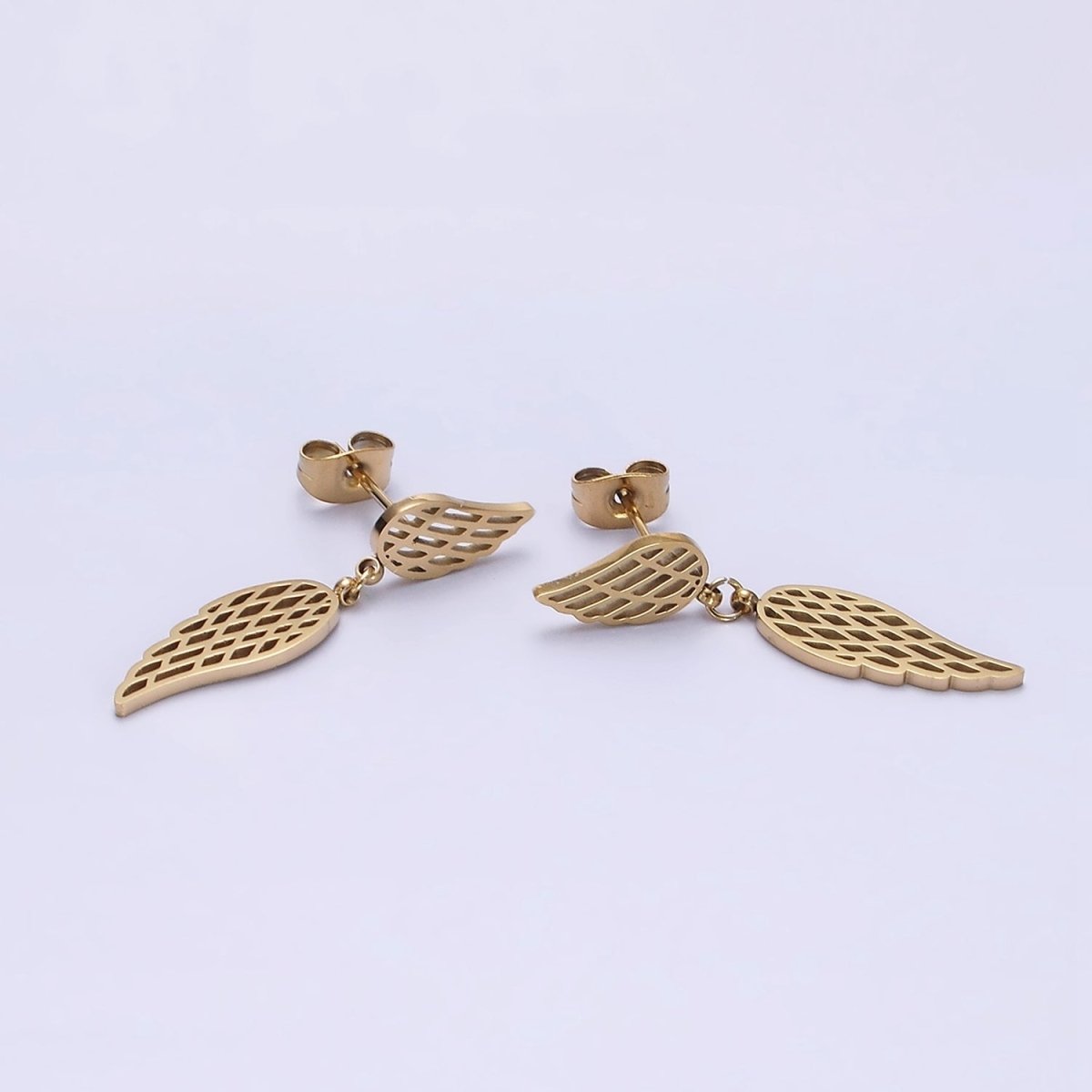 Stainless Steel Double Open Feather Wings Drop Stud Earrings Set | AE719 - DLUXCA