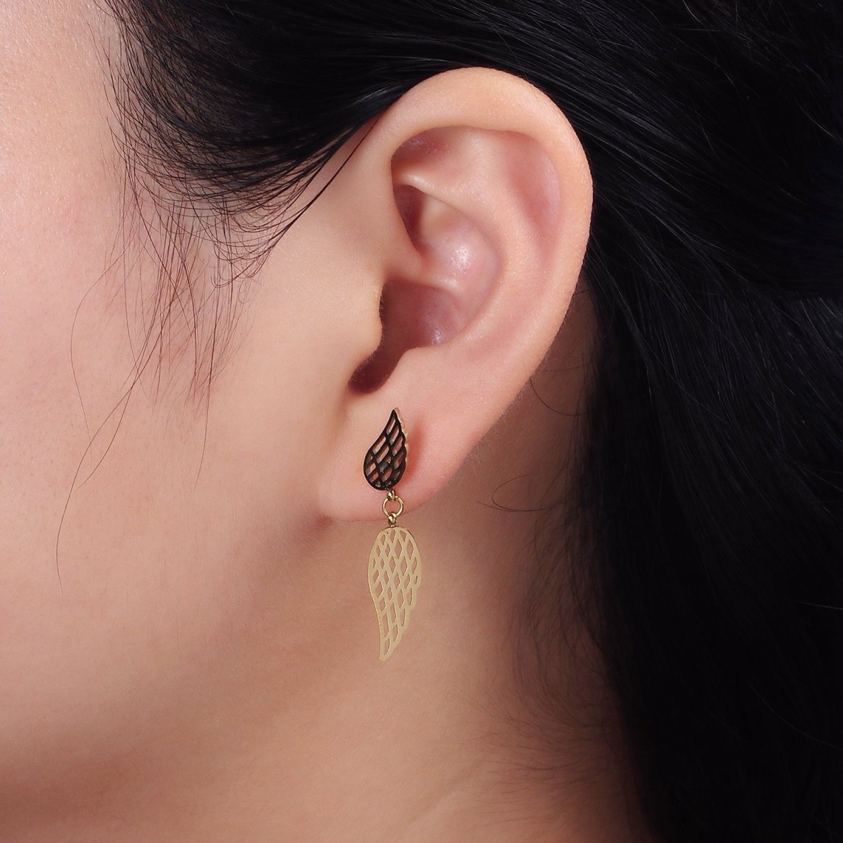 Stainless Steel Double Open Feather Wings Drop Stud Earrings Set | AE719 - DLUXCA