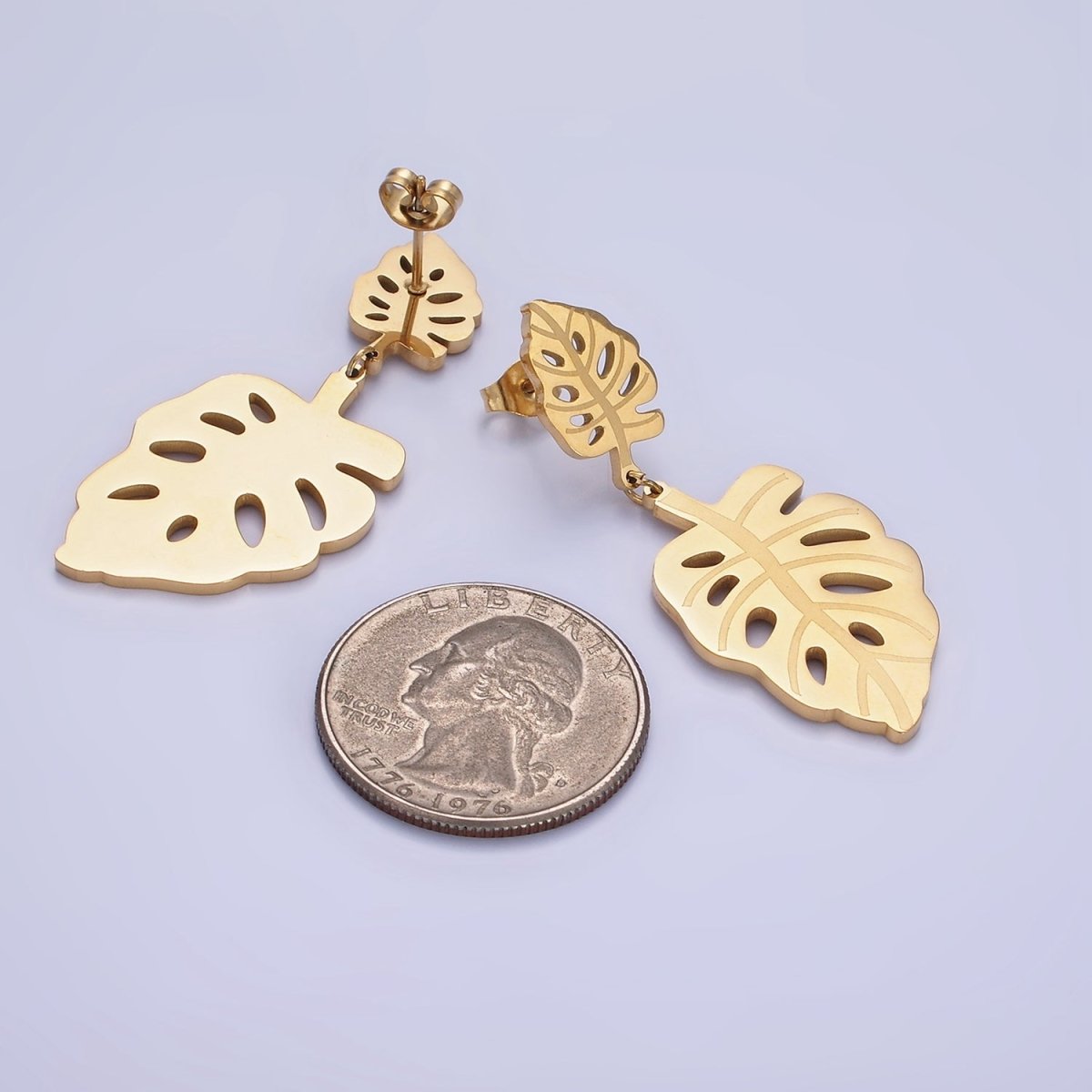 Stainless Steel Double Open Monstera Palm Leaf Nature Drop Stud Earrings in Gold & Silver | AE479 AE480 - DLUXCA