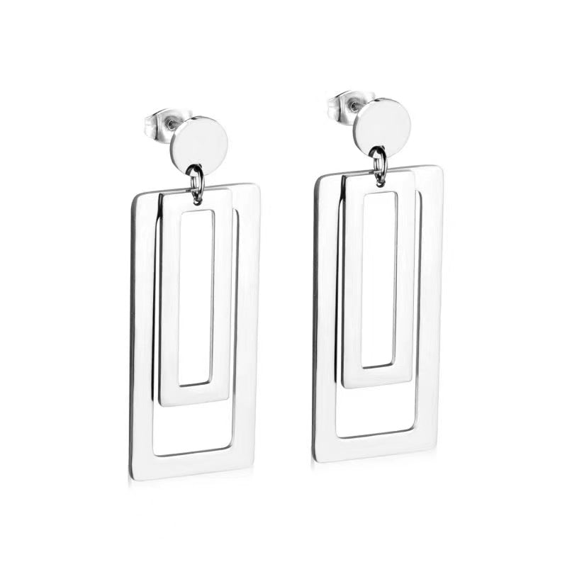 Stainless Steel Double Rectangular Drop Dangle Round Stud Earrings in Gold & Silver | AB537 - DLUXCA