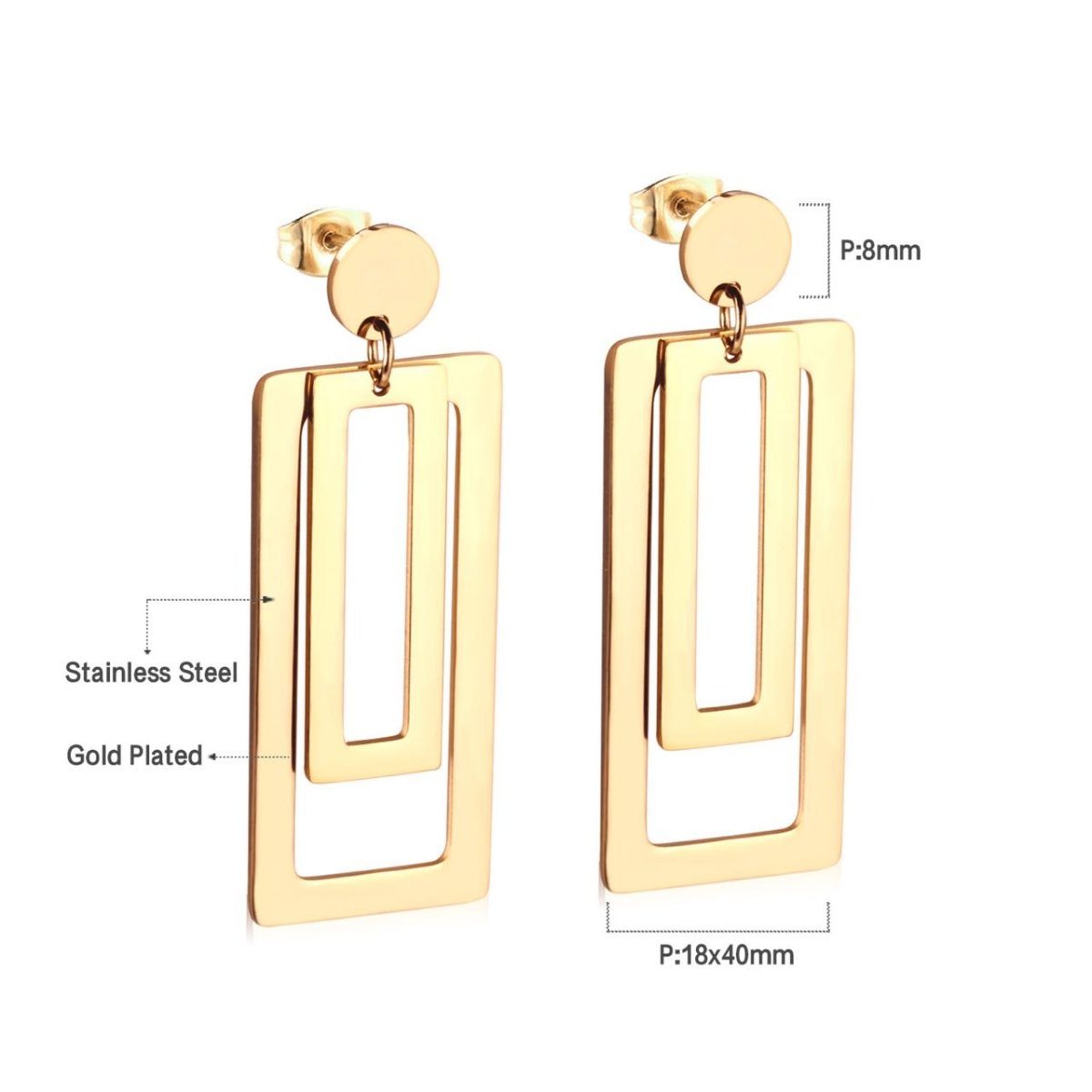 Stainless Steel Double Rectangular Drop Dangle Round Stud Earrings in Gold & Silver | AB537 - DLUXCA