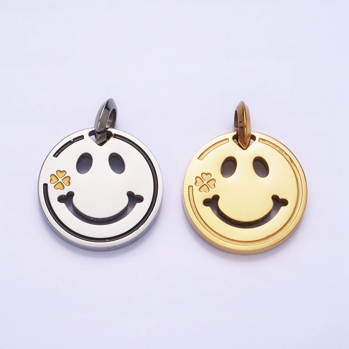 Stainless Steel Double Sided Smiley Face Clover Charm in Gold & Silver | P-1120 - DLUXCA