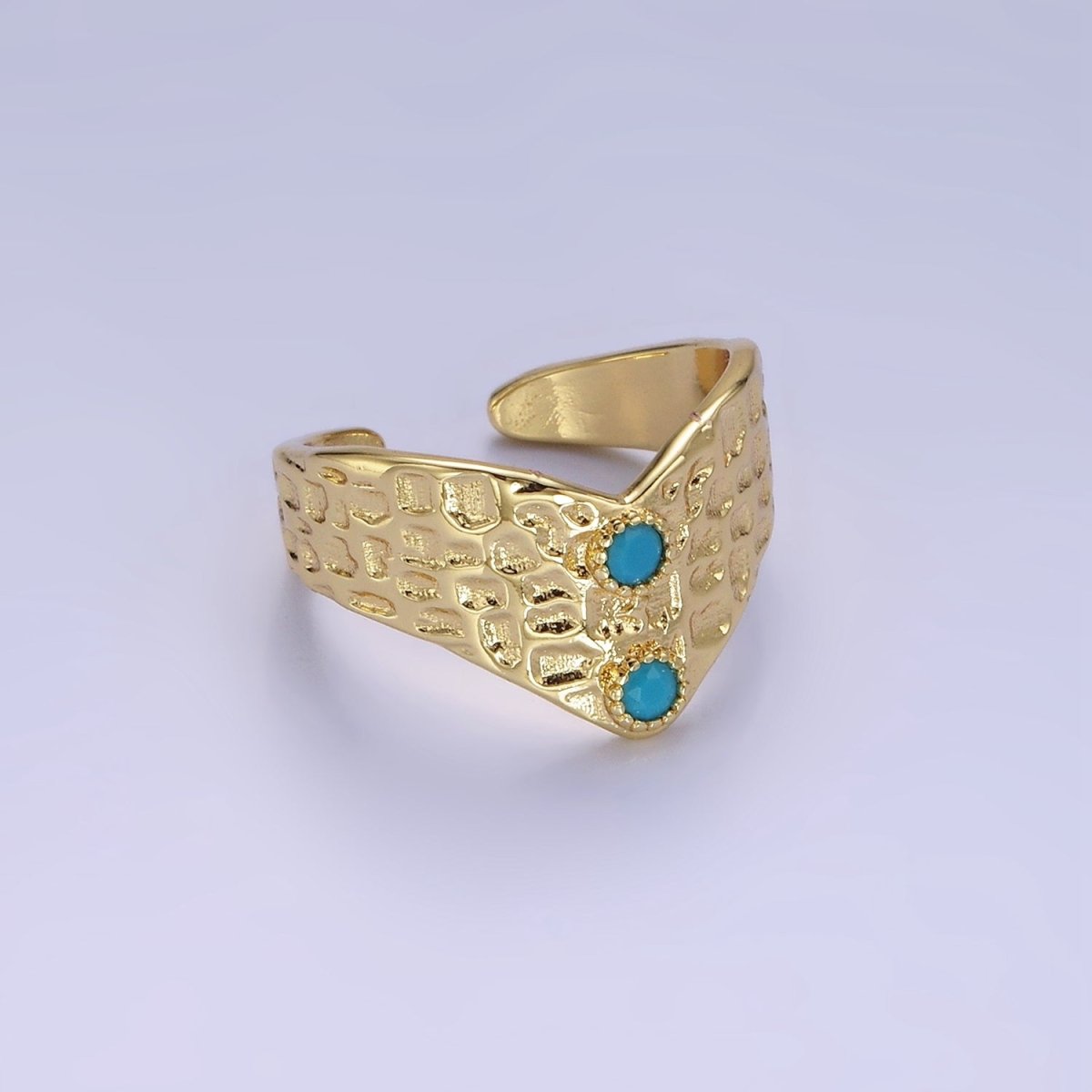 Stainless Steel Double Turquoise Hammered Chevron Ring | O1307 - DLUXCA
