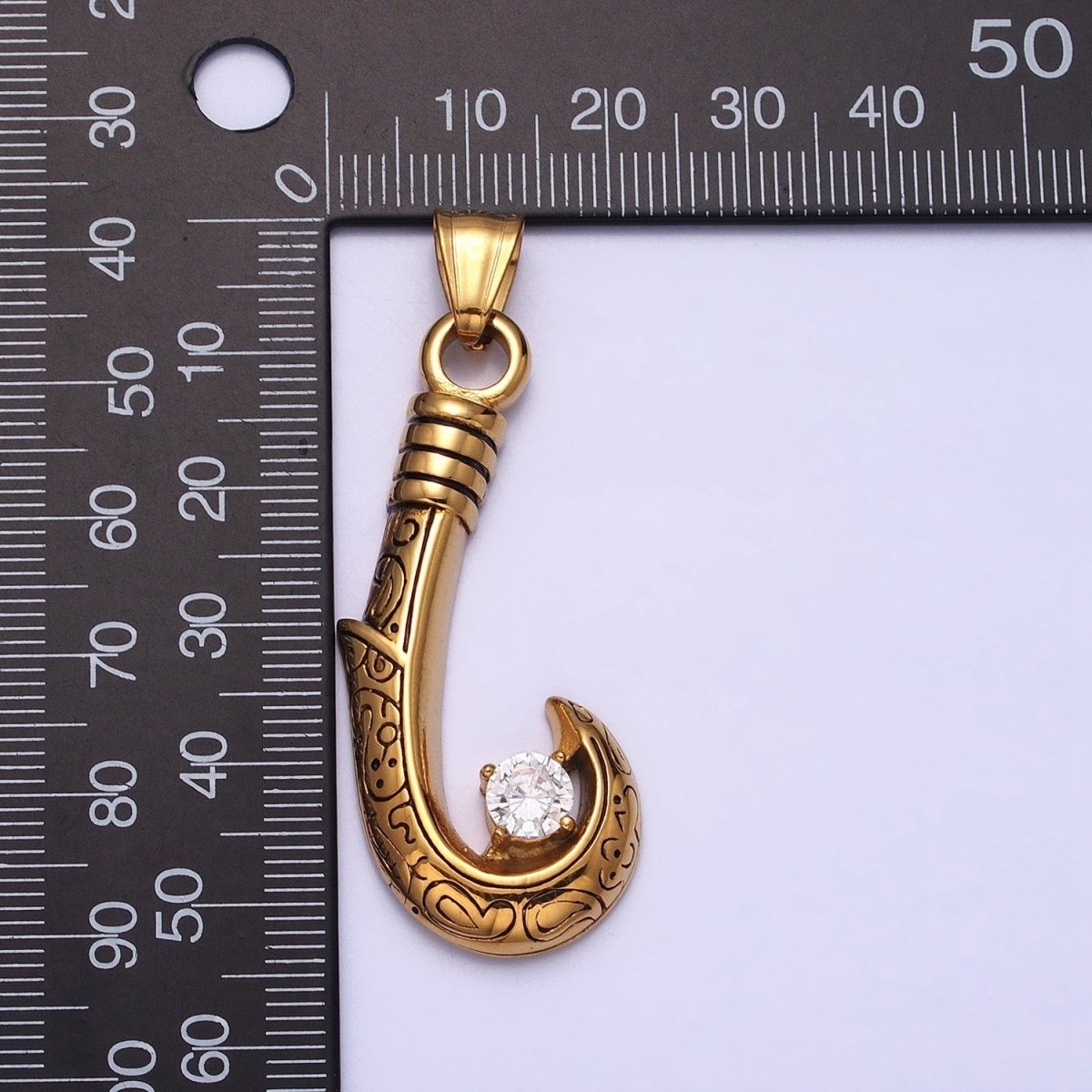 Stainless Steel Engraved J-Hook Round Clear CZ Pendant in Gold & Silver | P1104 - DLUXCA