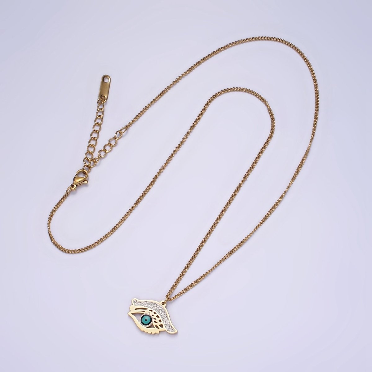 Stainless Steel Evil Eye Enamel Micro Paved CZ Charm 17 Inch Curb Chain Necklace | WA-2040 Clearance Pricing - DLUXCA