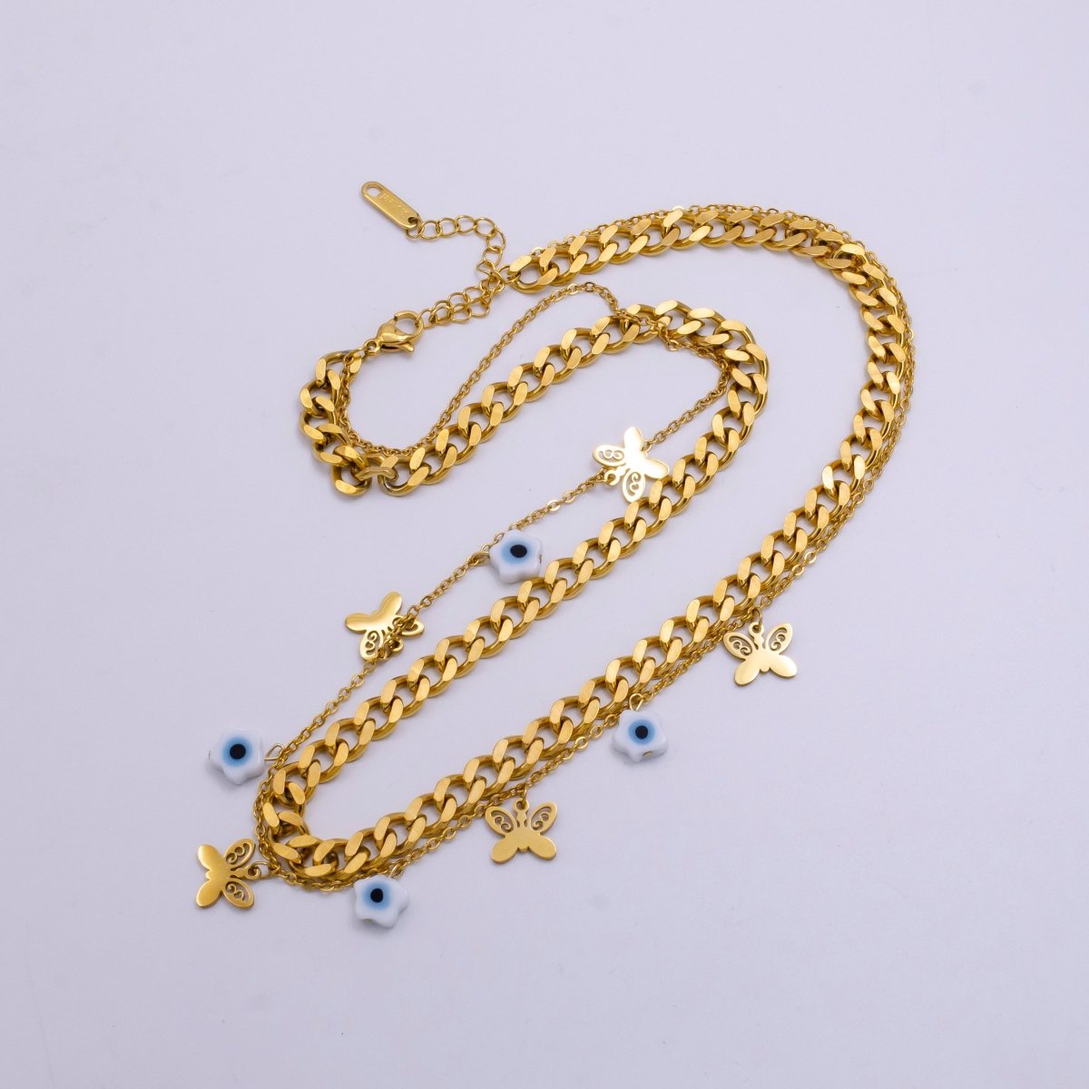 Stainless Steel Evil Eye Flower Butterfly Cable Curb Chain Double Layer Necklace | WA-2341 Clearance Pricing - DLUXCA
