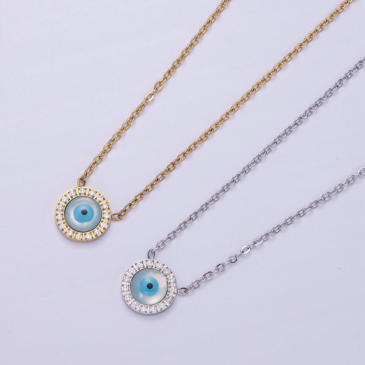 Stainless Steel Evil Eye Micro Paved 16 Inch Cable Choker Necklace in Gold & Silver | WA-2374 WA-2375 - DLUXCA