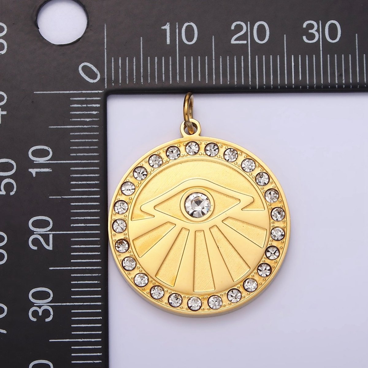 Stainless Steel Evil Eye Ray Clear CZ Lined Round Charm | P-655 - DLUXCA