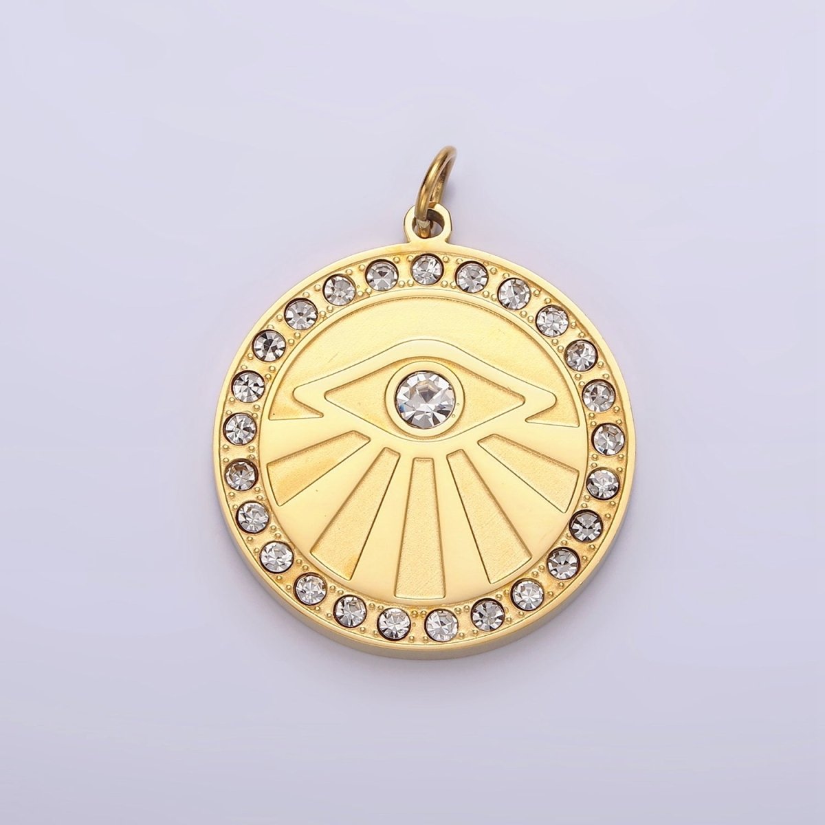 Stainless Steel Evil Eye Ray Clear CZ Lined Round Charm | P-655 - DLUXCA