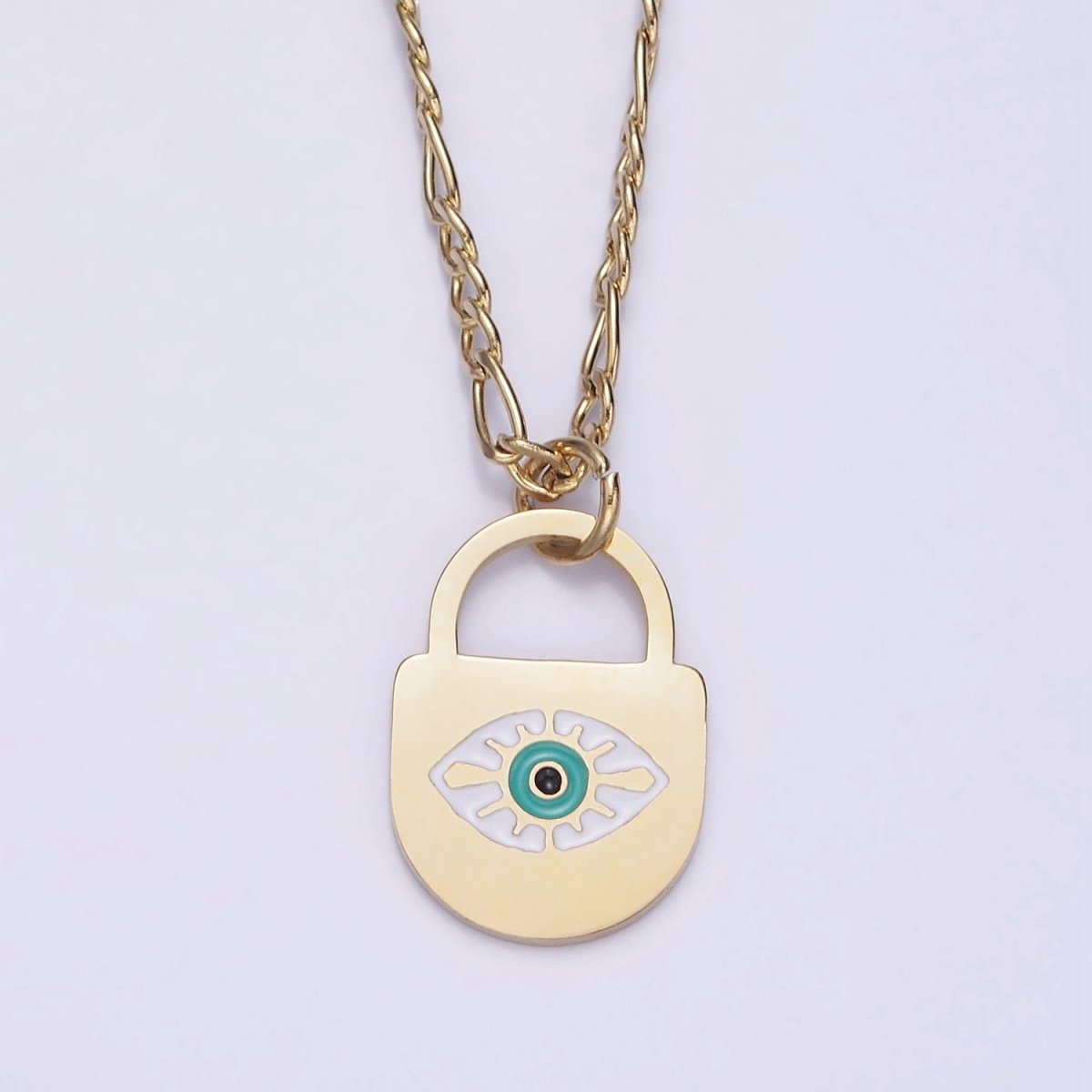 Stainless Steel Evil Eye Splatter Enamel Lock Layering 17 Inch Figaro Chain Necklace | WA-2045 Clearance Pricing - DLUXCA