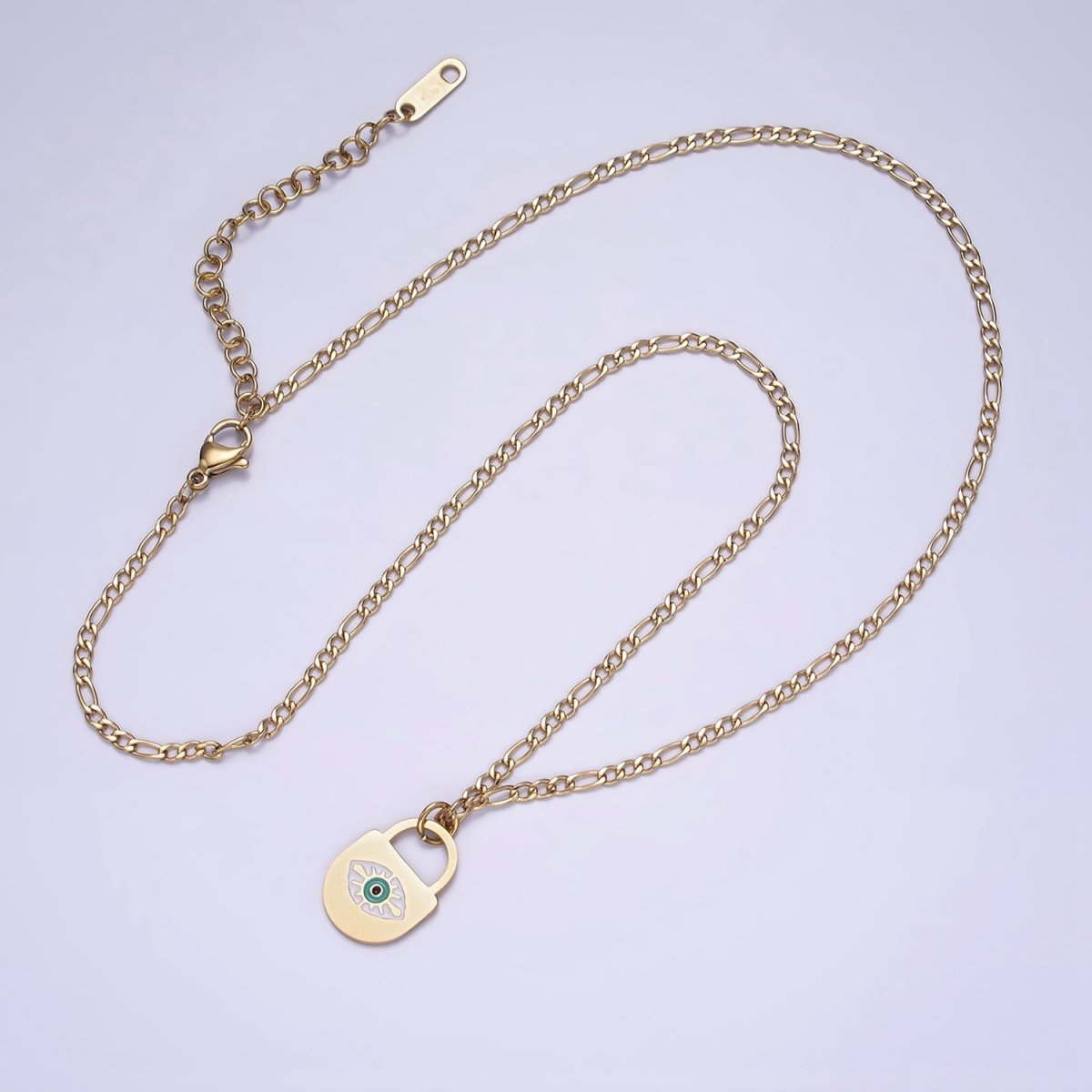 Stainless Steel Evil Eye Splatter Enamel Lock Layering 17 Inch Figaro Chain Necklace | WA-2045 Clearance Pricing - DLUXCA