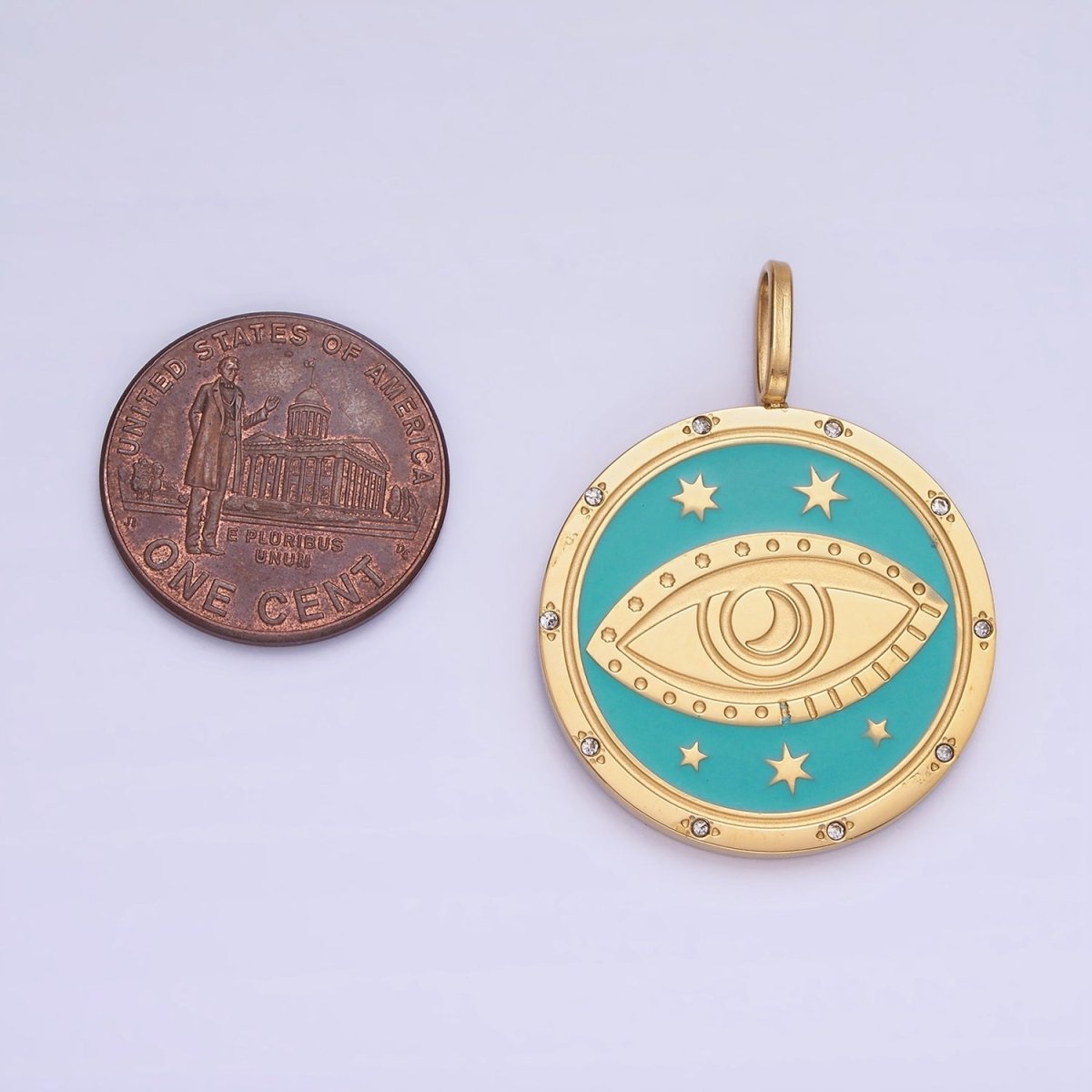 Stainless Steel Evil Eye Teal Celestial Star CZ Dotted Round Medallion Pendant | P1394 - DLUXCA