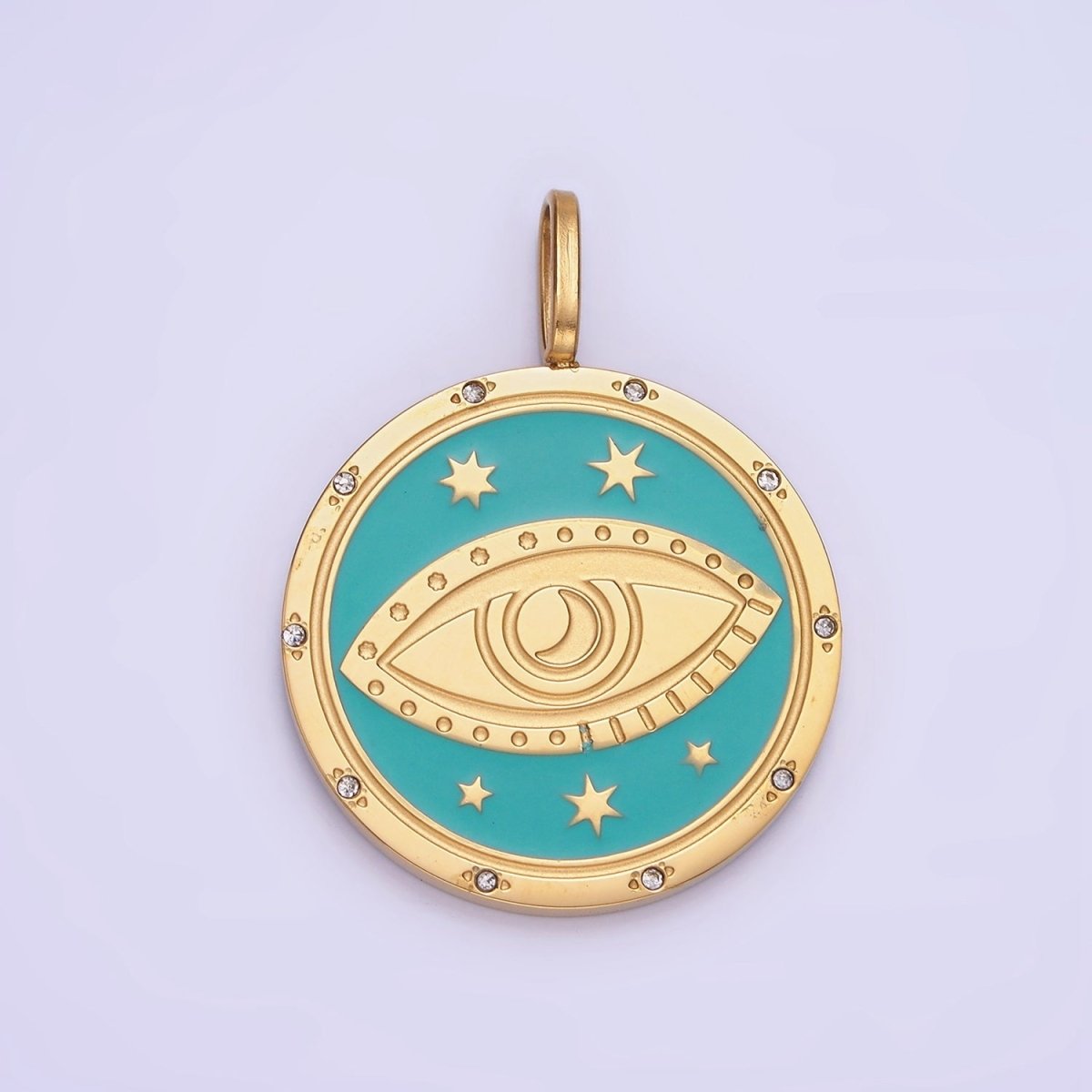 Stainless Steel Evil Eye Teal Celestial Star CZ Dotted Round Medallion Pendant | P1394 - DLUXCA
