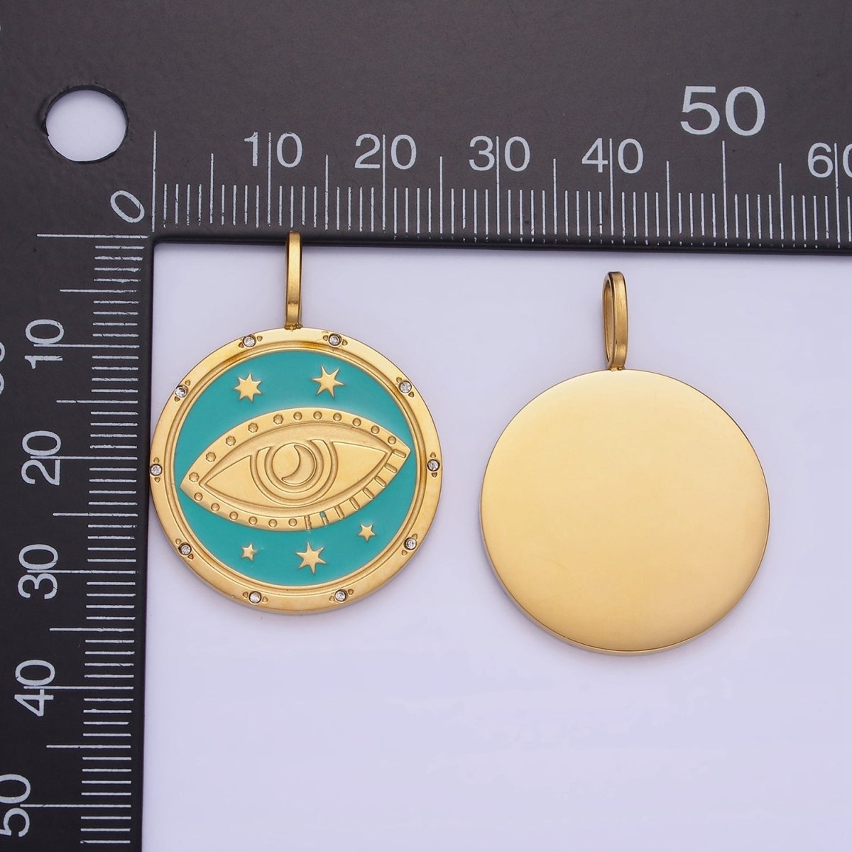 Stainless Steel Evil Eye Teal Celestial Star CZ Dotted Round Medallion Pendant | P1394 - DLUXCA