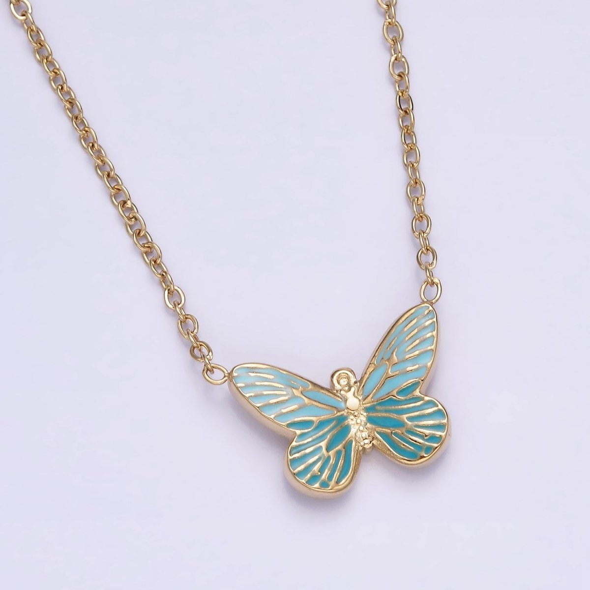 Stainless Steel Fairy Butterfly Wings Blue Enamel 17 Inch Cable Chain Necklace | WA-2059 Clearance Pricing - DLUXCA
