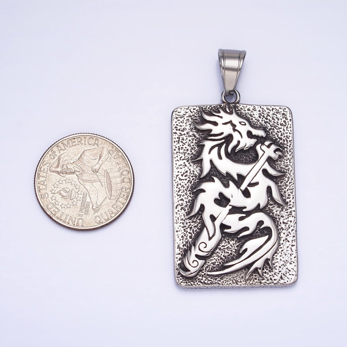 Stainless Steel Flamed Dragon Textured Rectangular Tag Silver, Gold Pendant | P1141 - DLUXCA