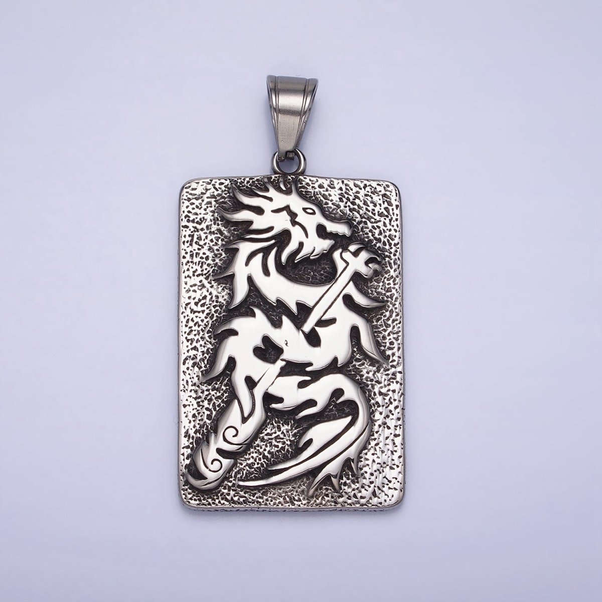 Stainless Steel Flamed Dragon Textured Rectangular Tag Silver, Gold Pendant | P1141 - DLUXCA