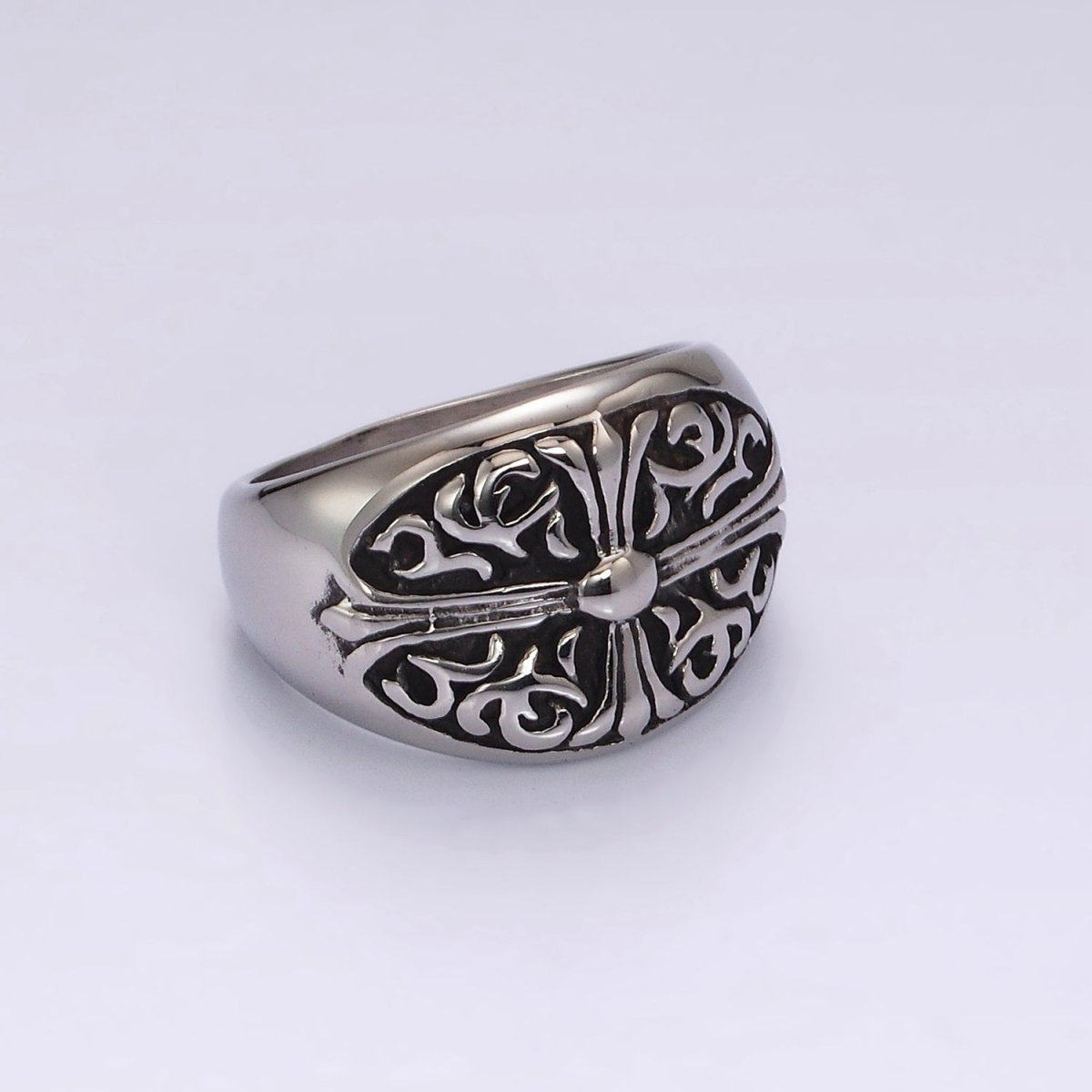 Stainless Steel Fleury Cross Artisan Oval Signet Ring in Gold & Silver | O1239 - O1244 - DLUXCA