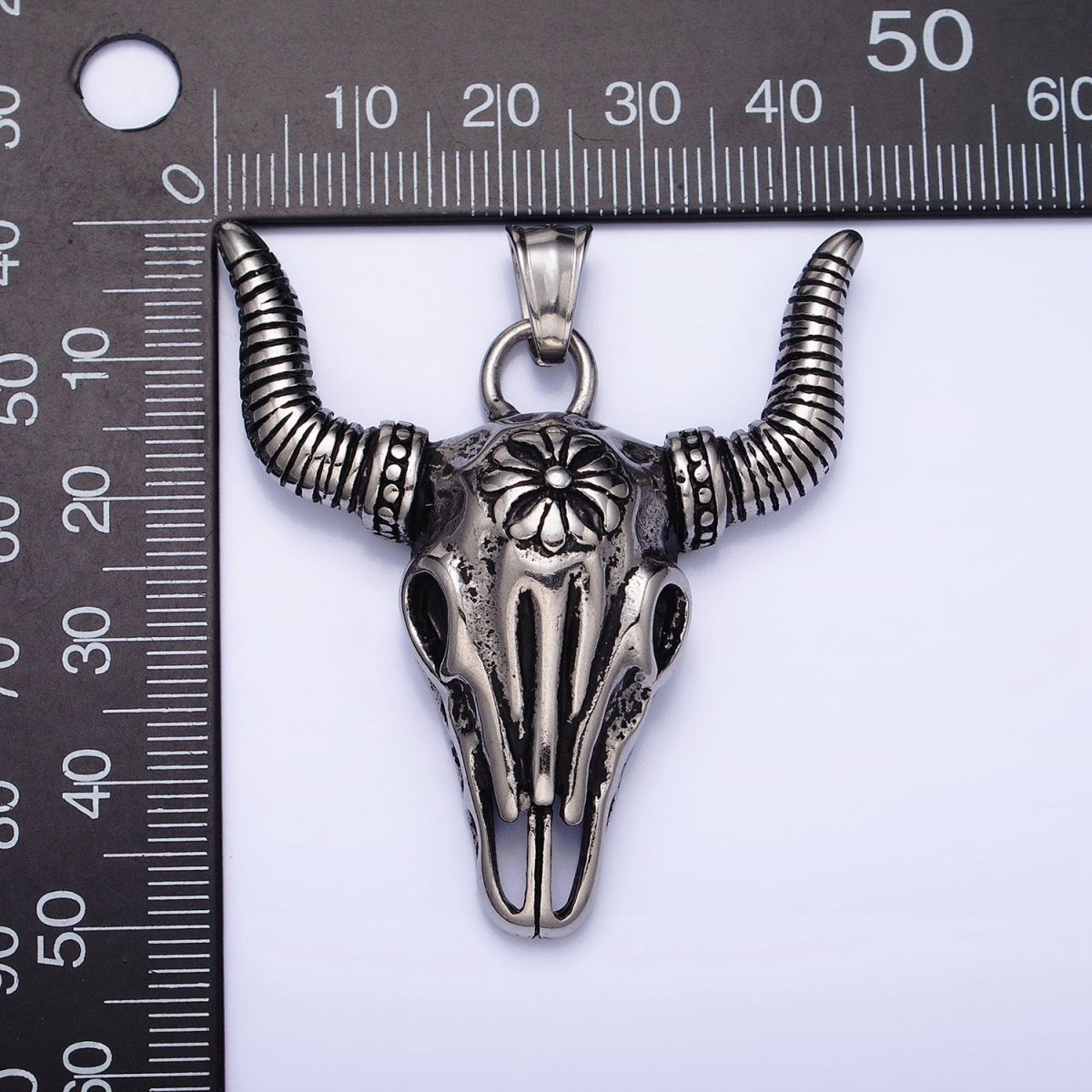 Stainless Steel Flower Line Textured Long-Horned Bull Animal Gold, Silver Pendant | P-1135 - DLUXCA