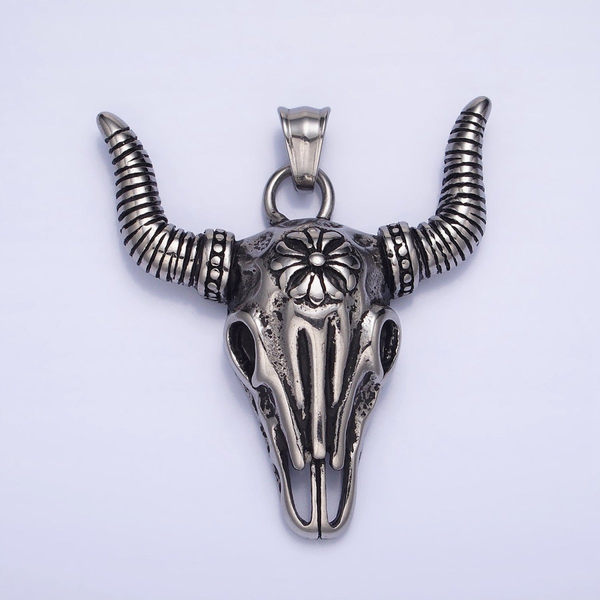 Stainless Steel Flower Line Textured Long-Horned Bull Animal Gold, Silver Pendant | P-1135 - DLUXCA