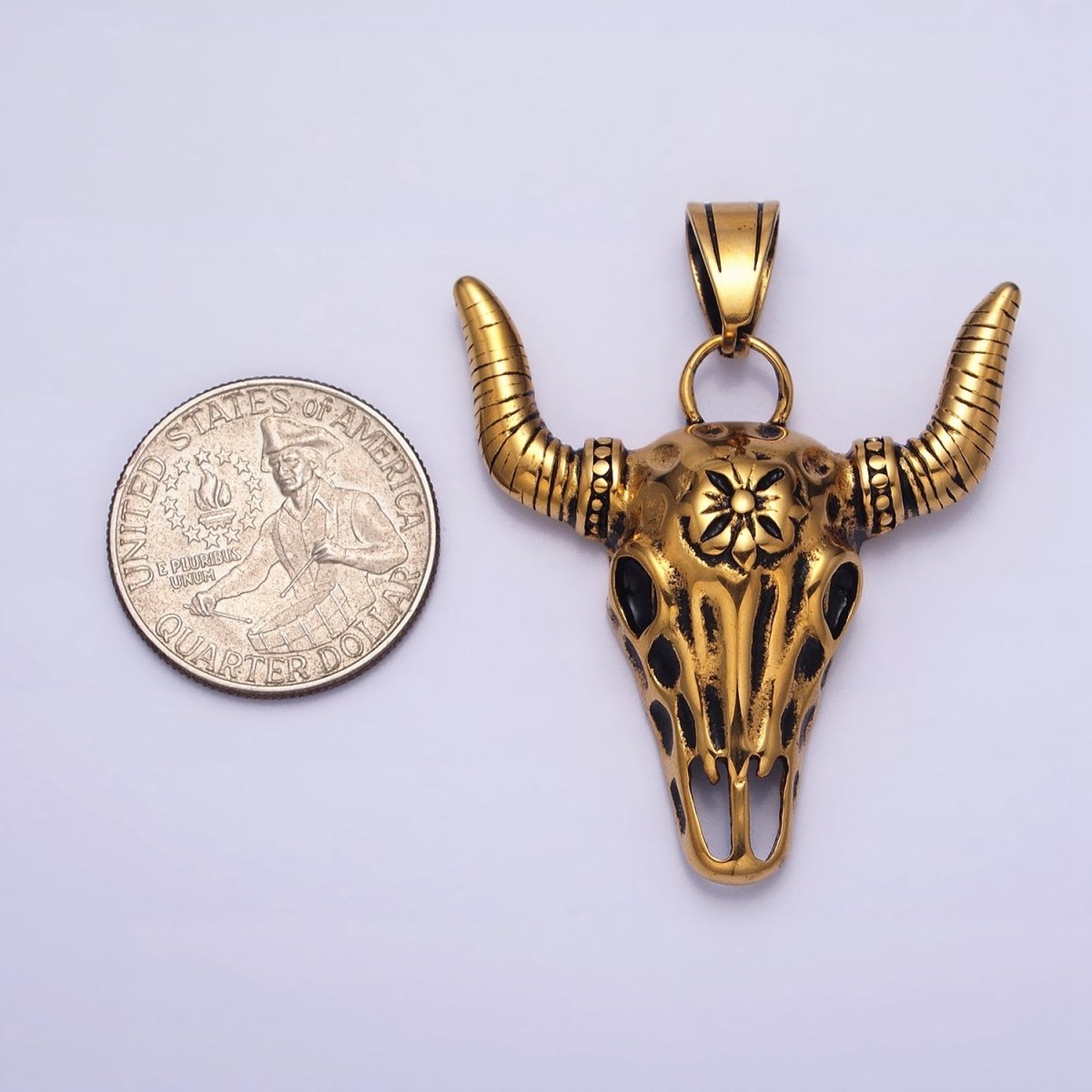 Stainless Steel Flower Line Textured Long-Horned Bull Animal Gold, Silver Pendant | P-1135 - DLUXCA